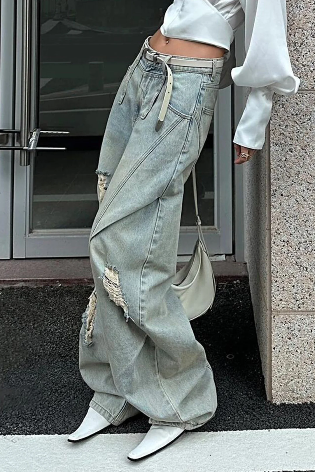 Denim Ripped Ruched Barrel Jeans - Image 3