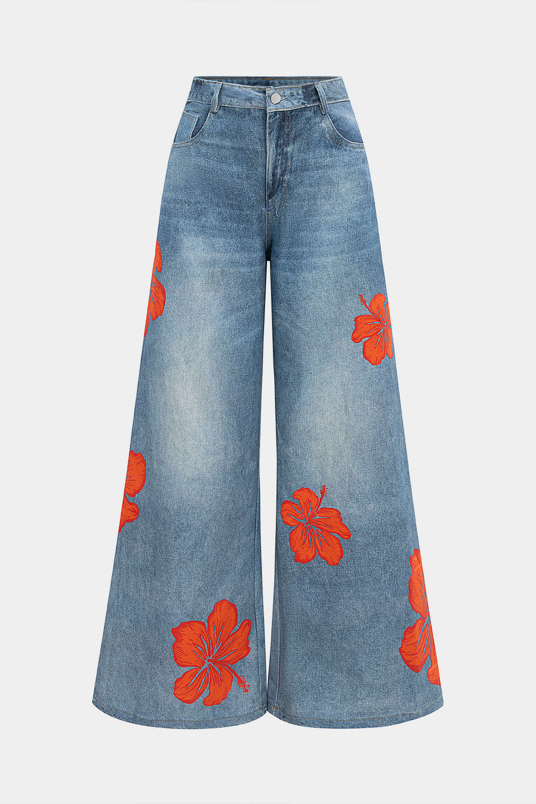 Denim Floral Print Wide Leg Jeans