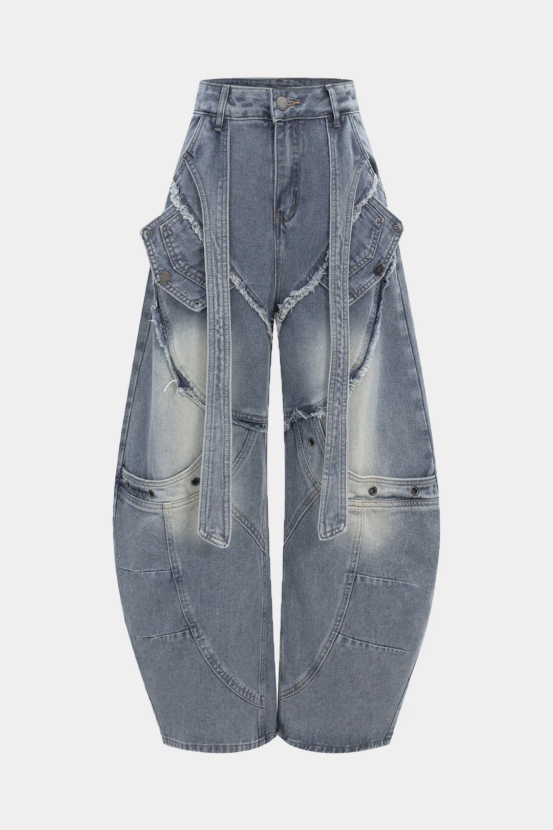 Denim Strappy Frayed Barrel Jeans - Image 6