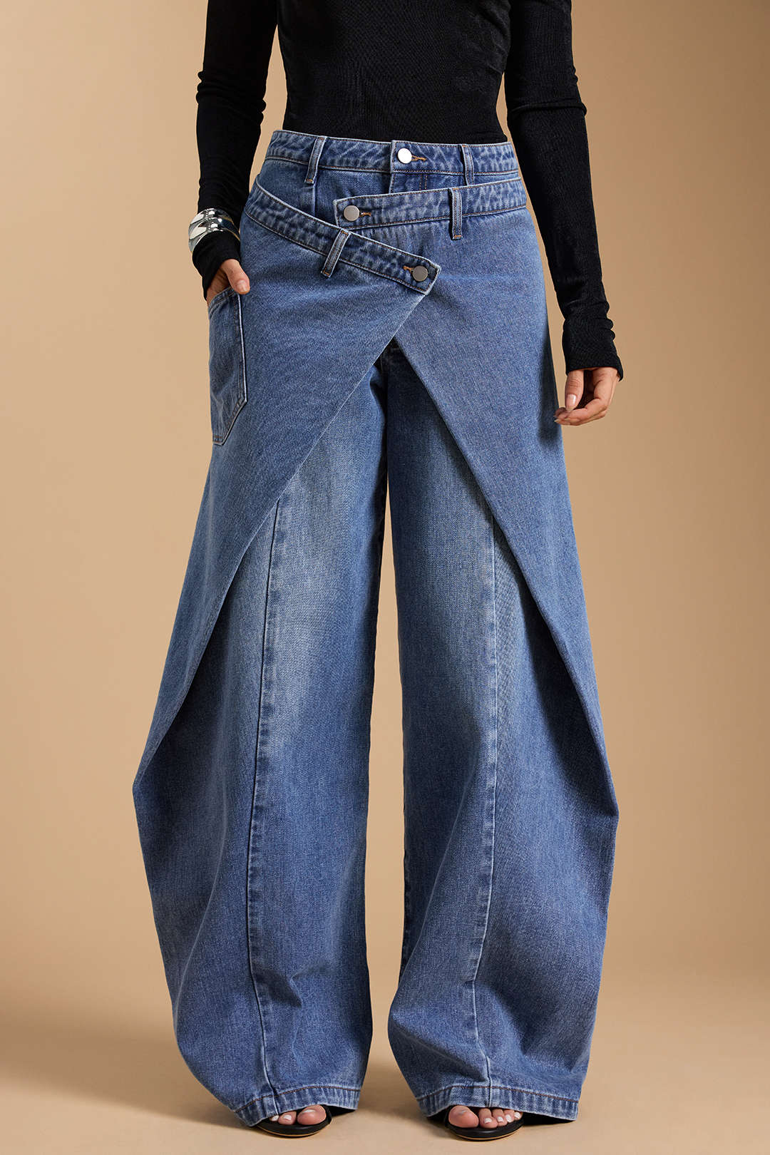 Denim Asymmetric Button Jeans - Image 7