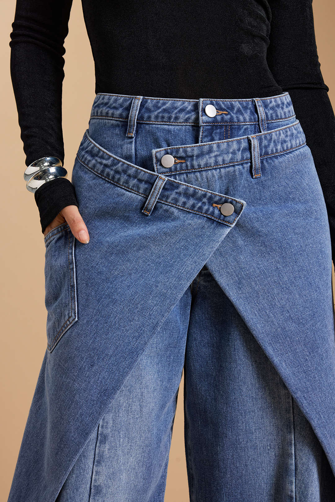 Denim Asymmetric Button Jeans - Image 8