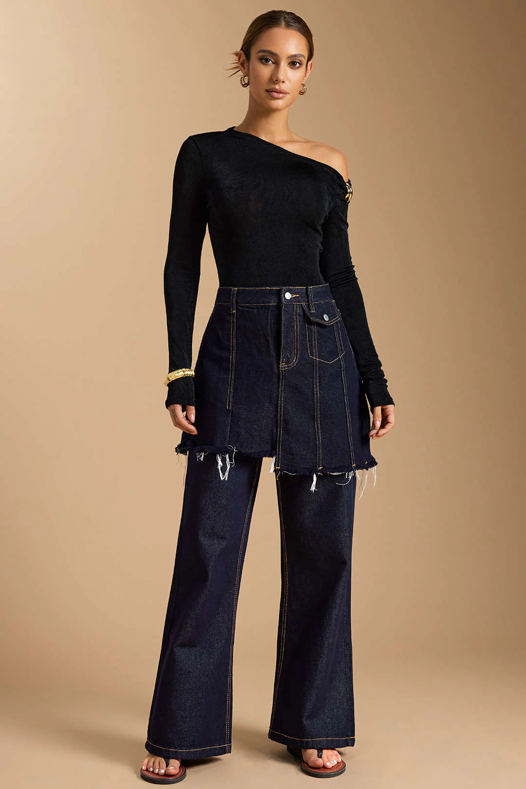Denim Asymmetrical Frayed Jeans - Image 2