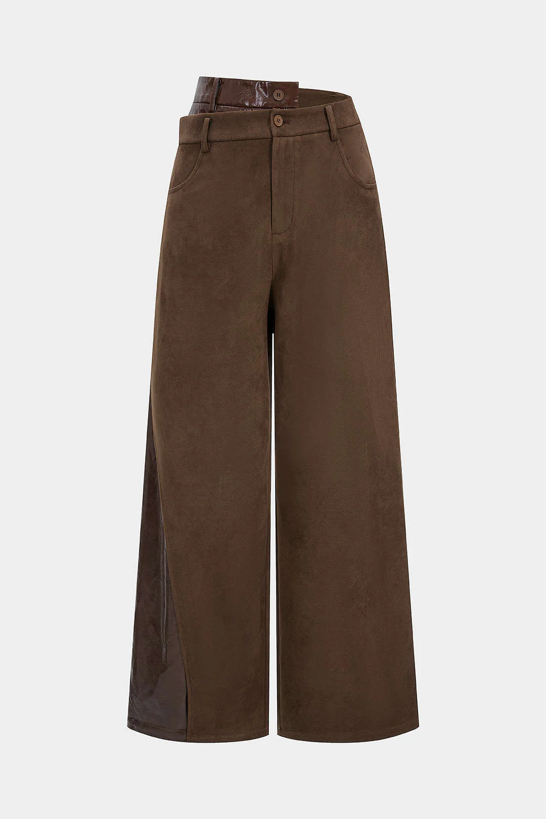 Faux Leather Suede Patchwork High Waist Asymmetrical Pants - Image 6