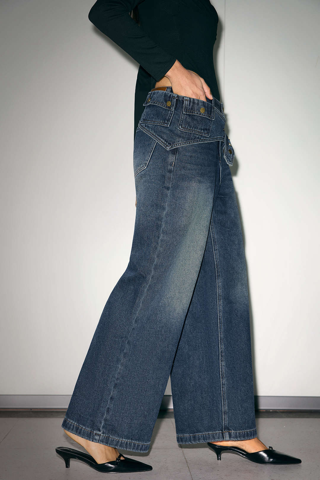Denim Asymmetrical Wide Leg Jeans - Image 8