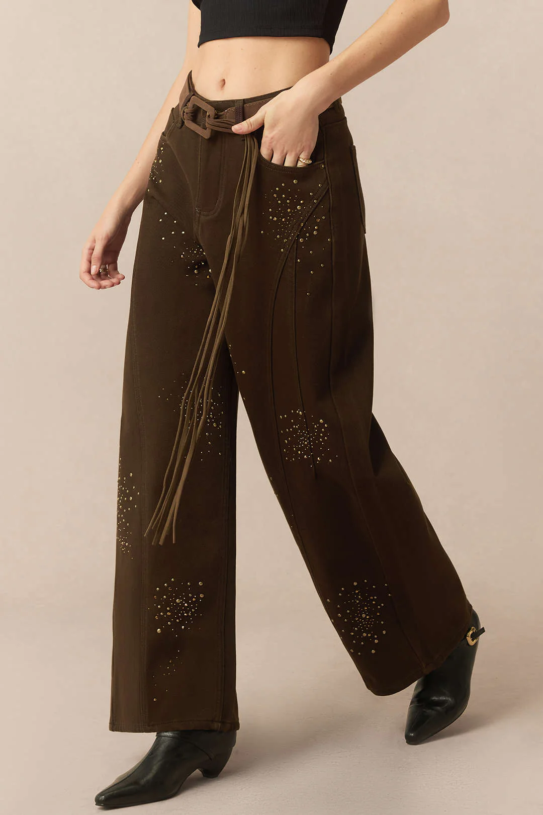Denim Rhinestone Cecor Blted Wide Leg Jeans - Image 2