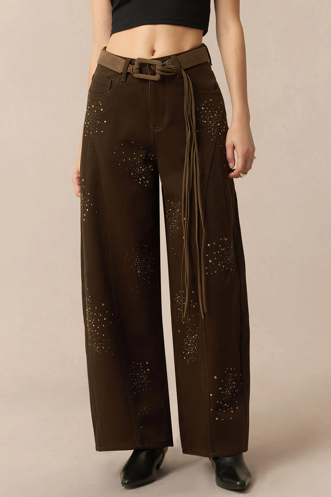 Denim Rhinestone Cecor Blted Wide Leg Jeans - Image 3