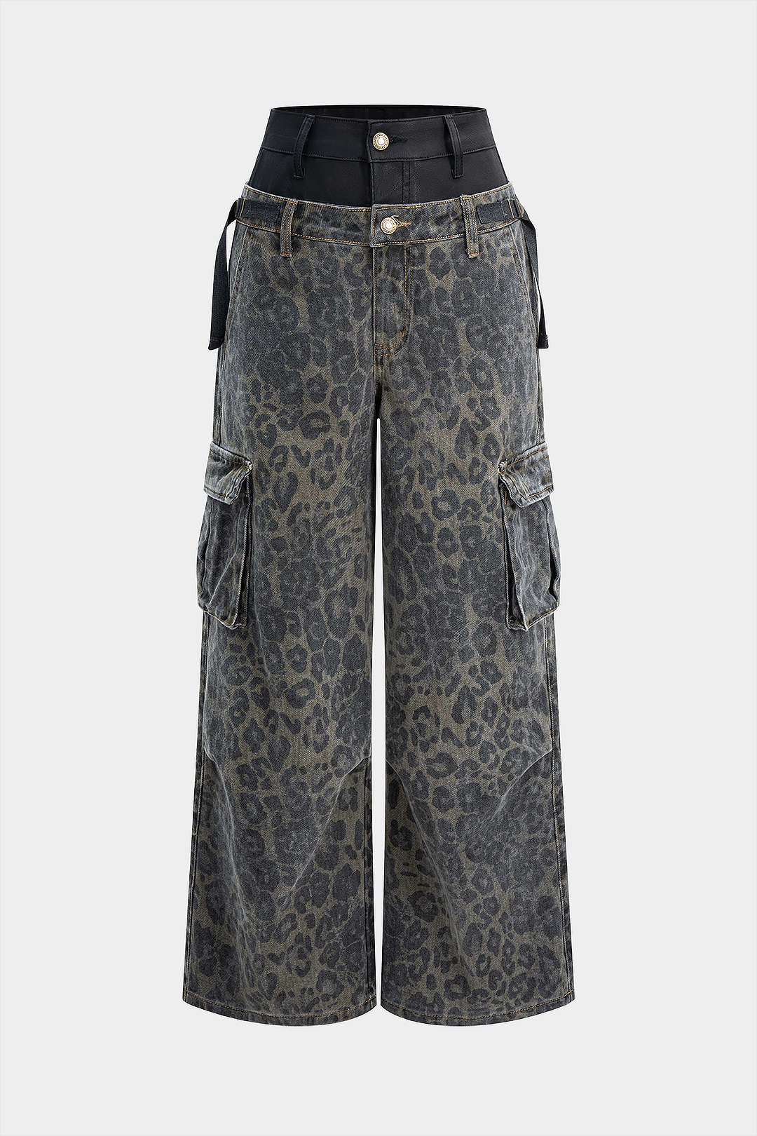 Denim Leopard Print Faux Leather Double Waistband Jeans