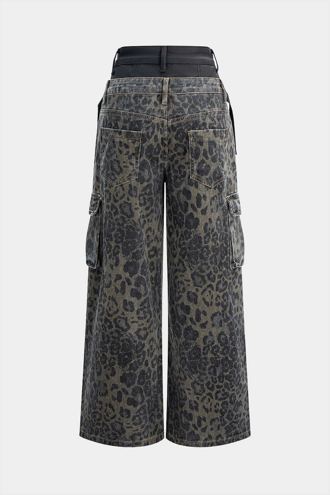 Denim Leopard Print Faux Leather Double Waistband Jeans - Image 2
