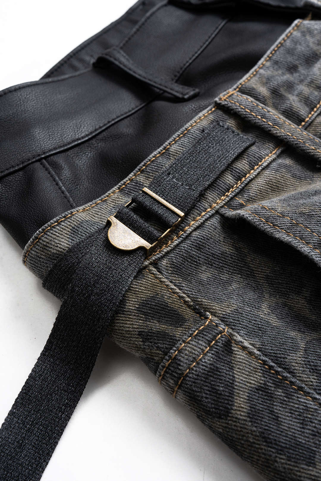 Denim Leopard Print Faux Leather Double Waistband Jeans - Image 3