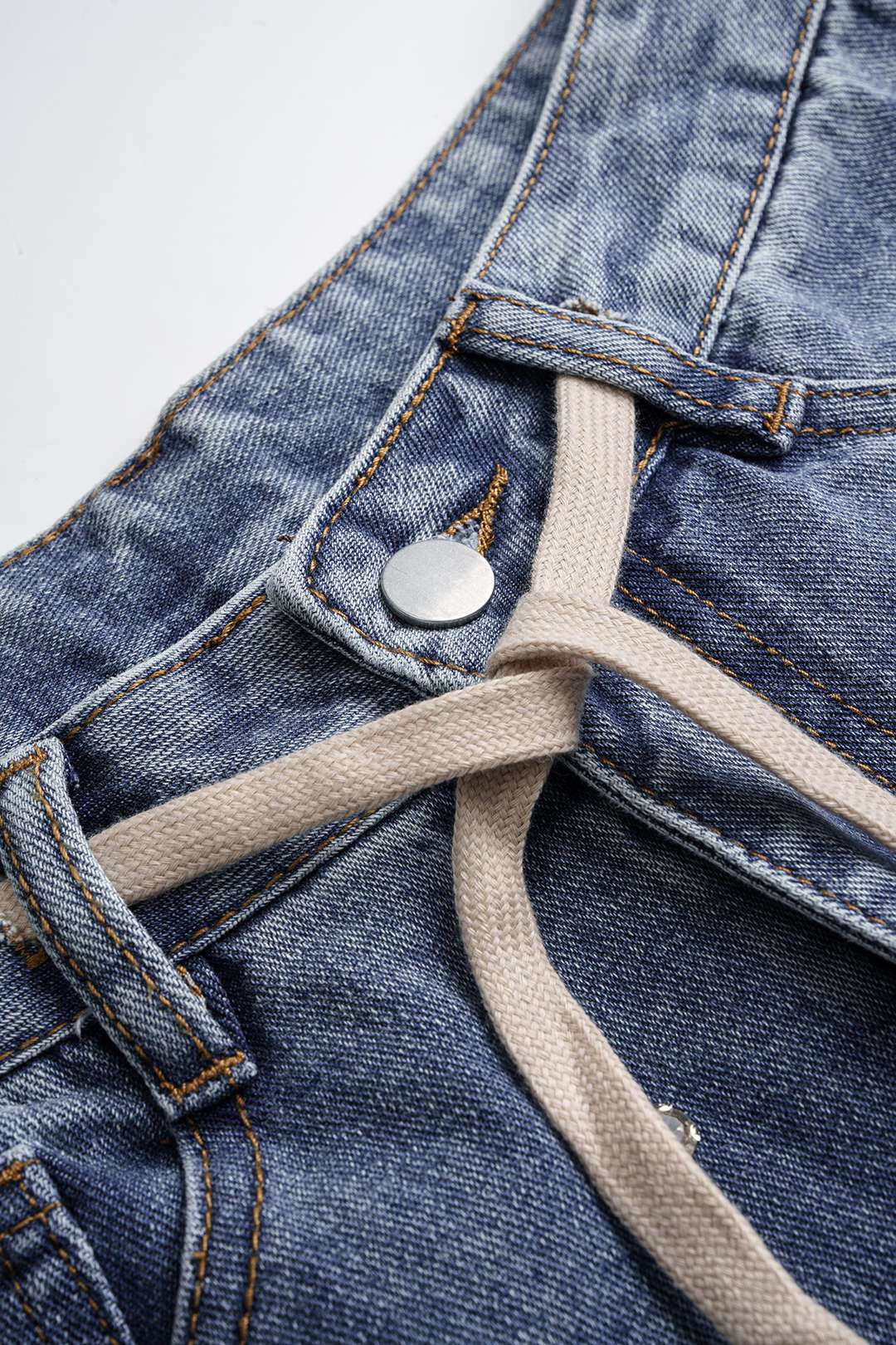 Denim Drawstring Beads Decor High Waist Wide Leg Jeans - Image 3