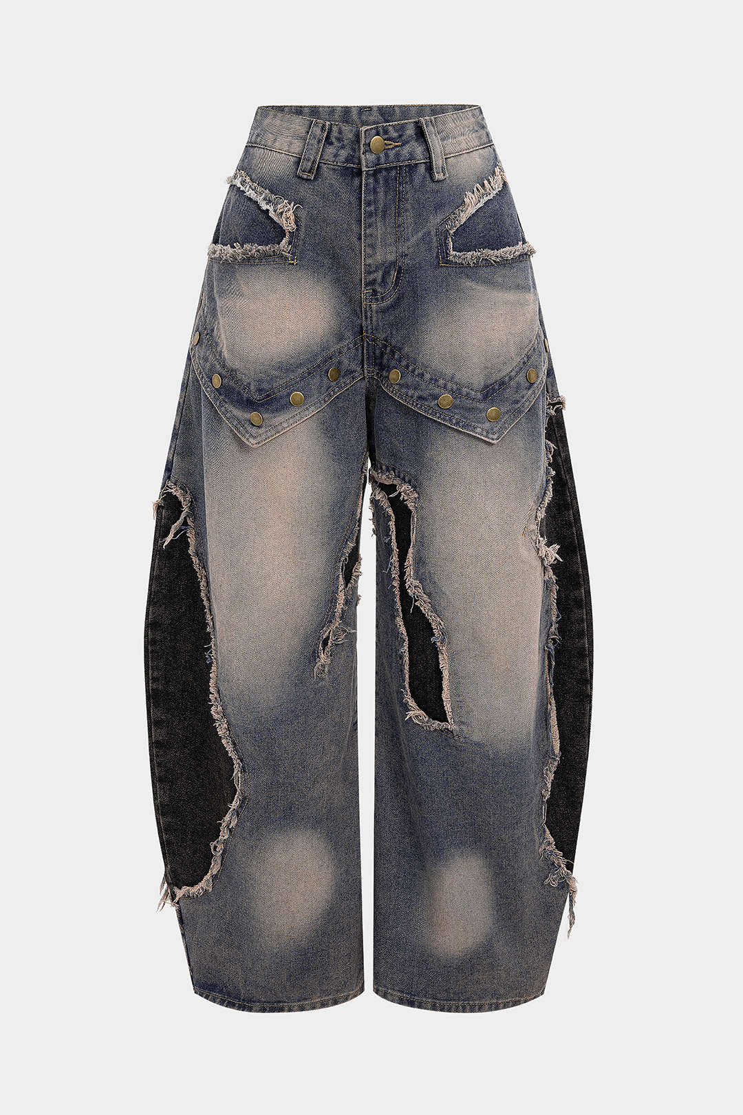 Denim Patchwork Frayed Rivets Straight-Leg Jeans - Image 6