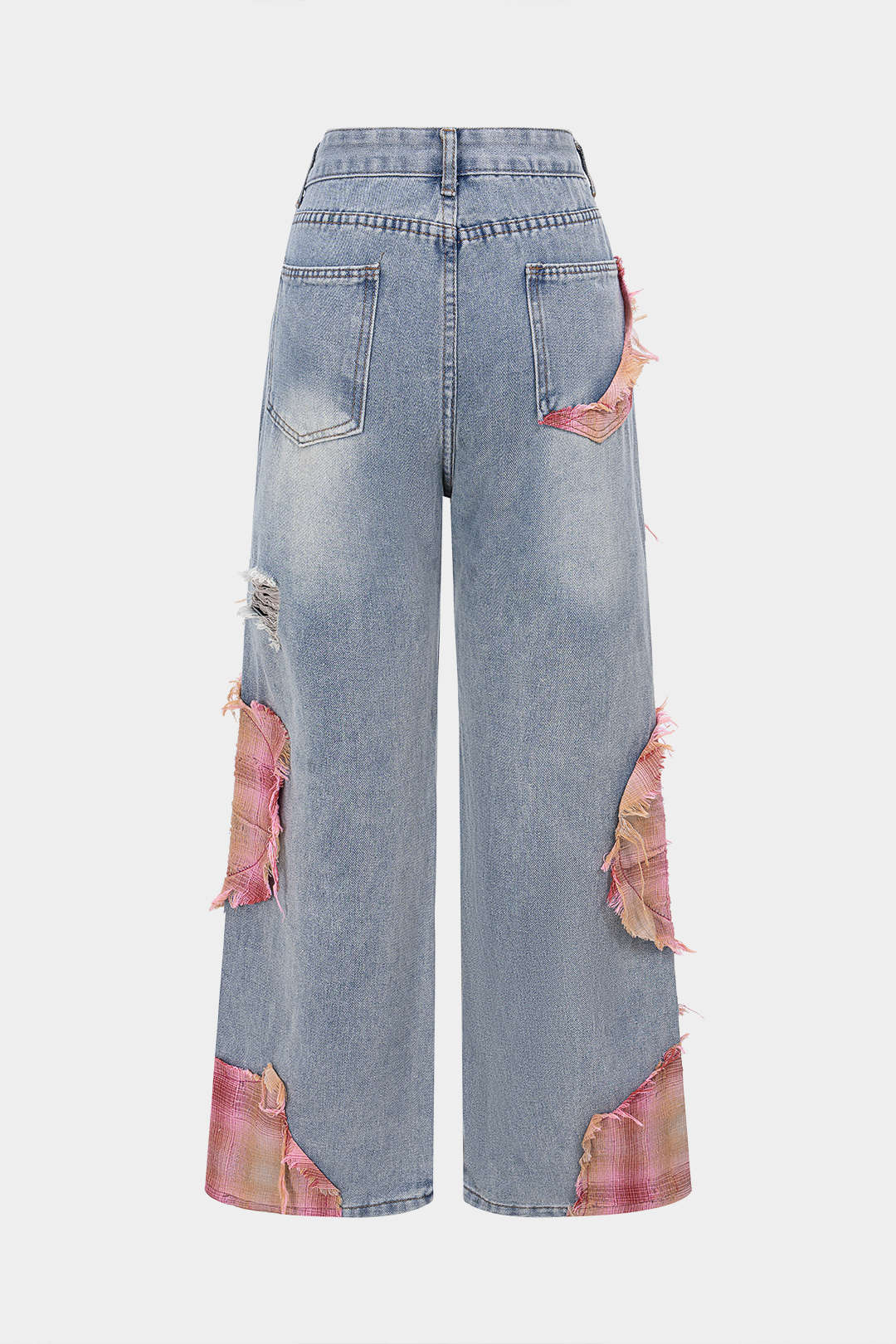 Denim Patchwork Plaid Print Asymmetrical Ripped Wide Leg Jeans - Image 2