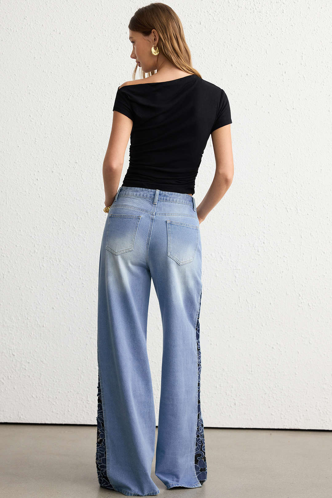 Denim Patchwork Lace Trim Wide Leg Jeans - Image 3