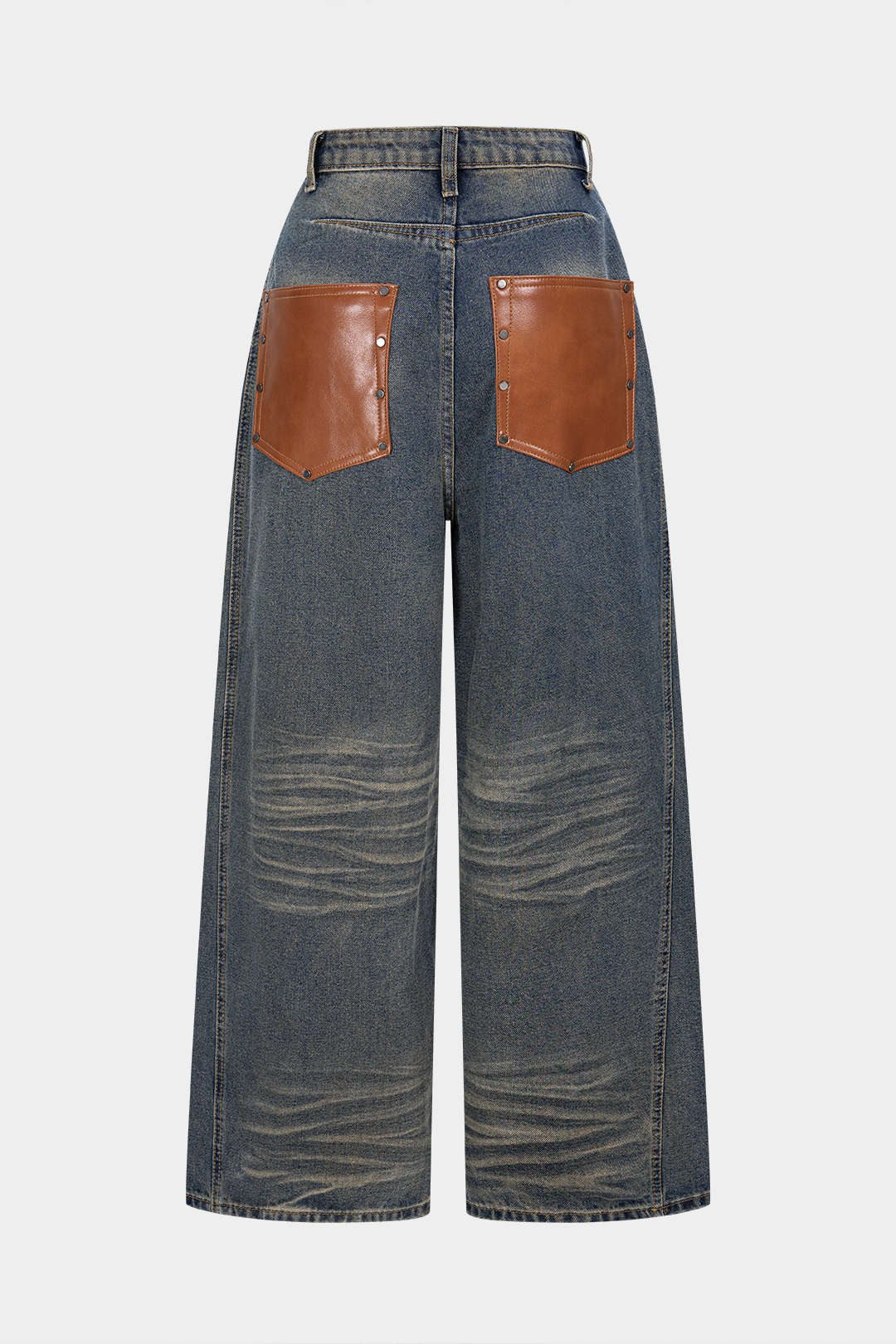 Denim Patchwork Faux Leather Wide Leg Jeans - Image 2