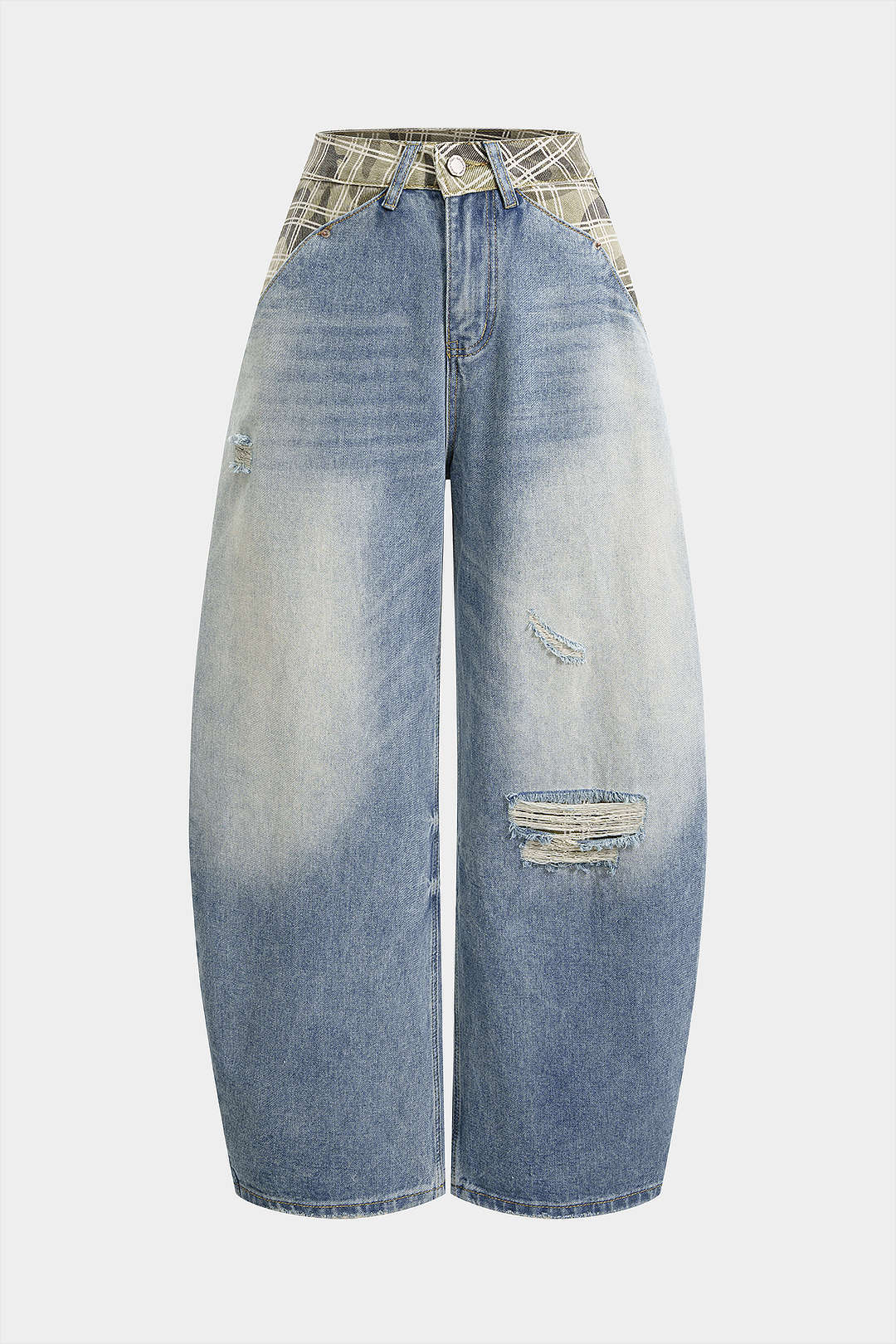 Denim Plaid Print Ripped Wide Leg Jeans