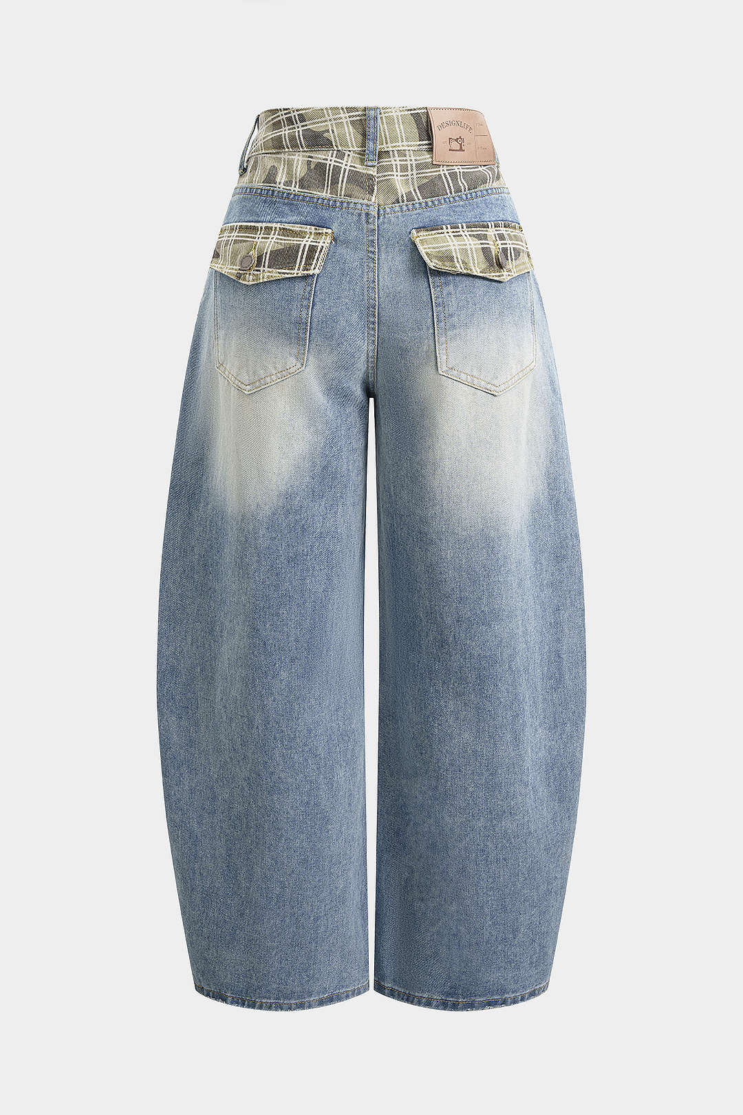 Denim Plaid Print Ripped Wide Leg Jeans - Image 2