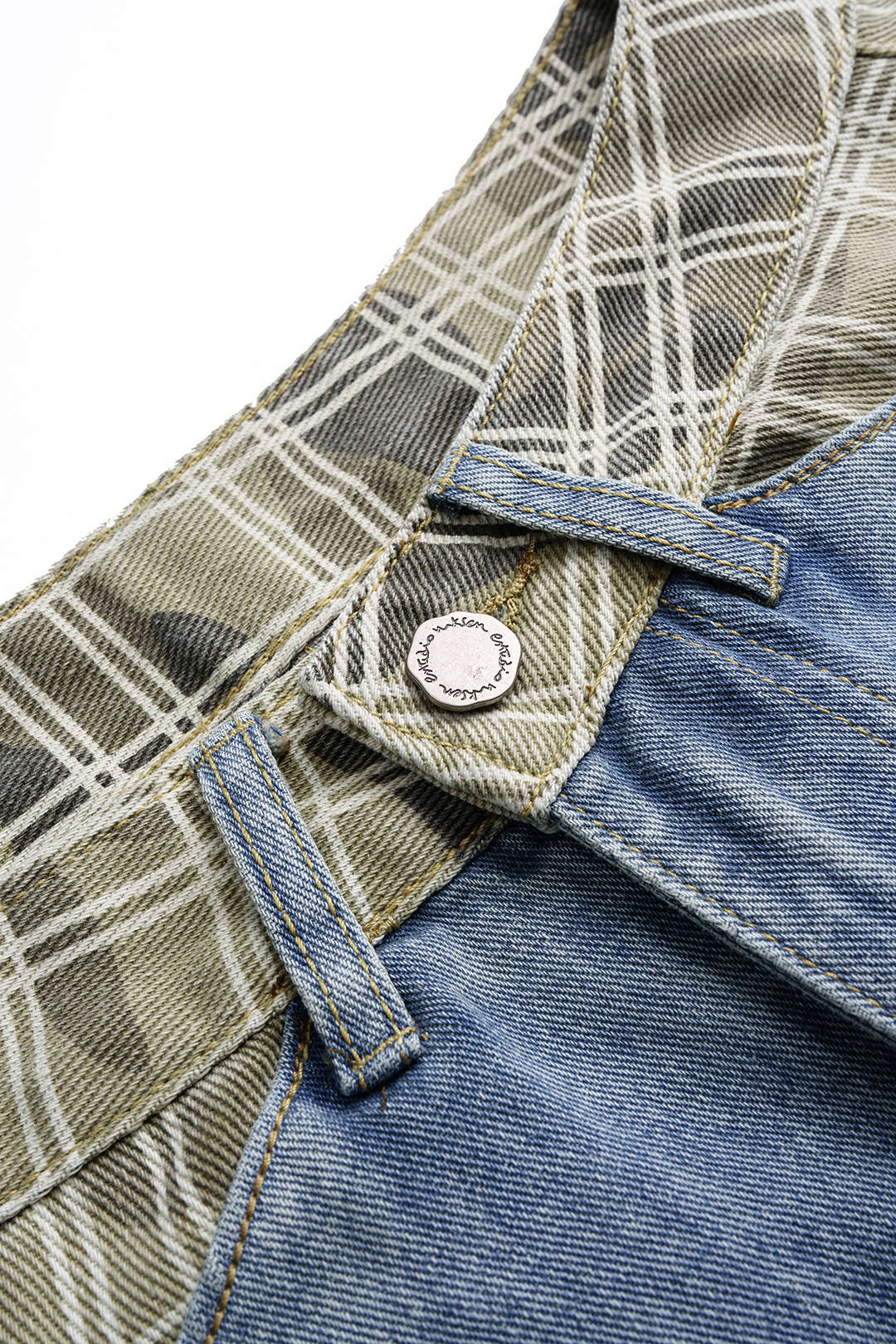 Denim Plaid Print Ripped Wide Leg Jeans - Image 3