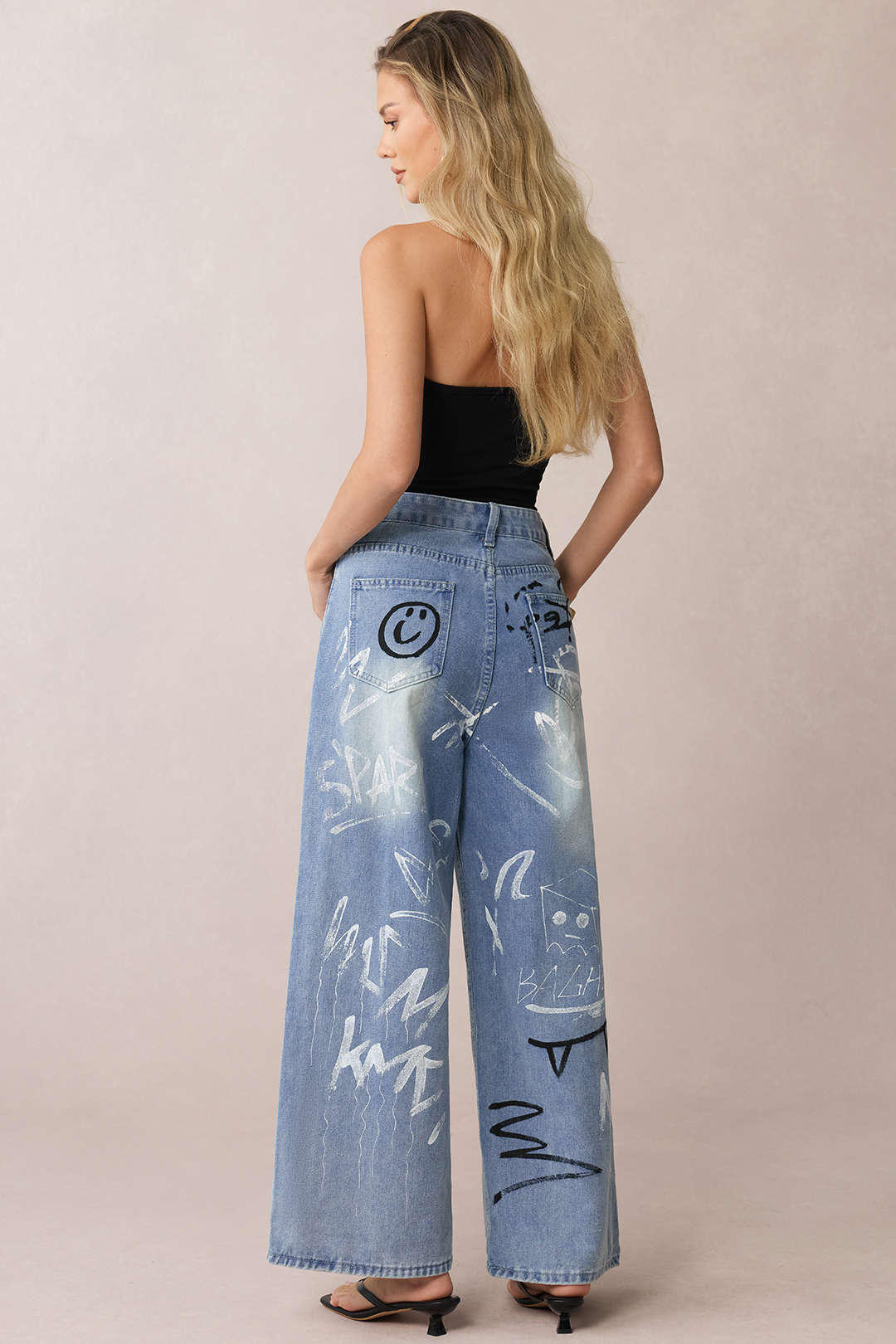 Denim Graffiti Print Zipper Straight Leg Jeans - Image 2