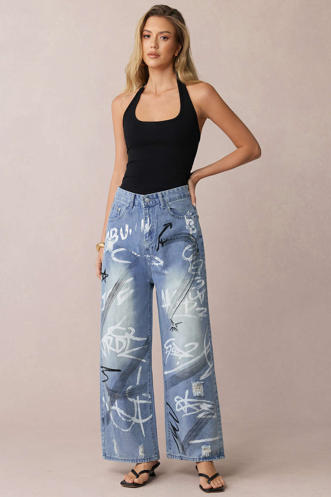 Denim Graffiti Print Zipper Straight Leg Jeans - Image 3