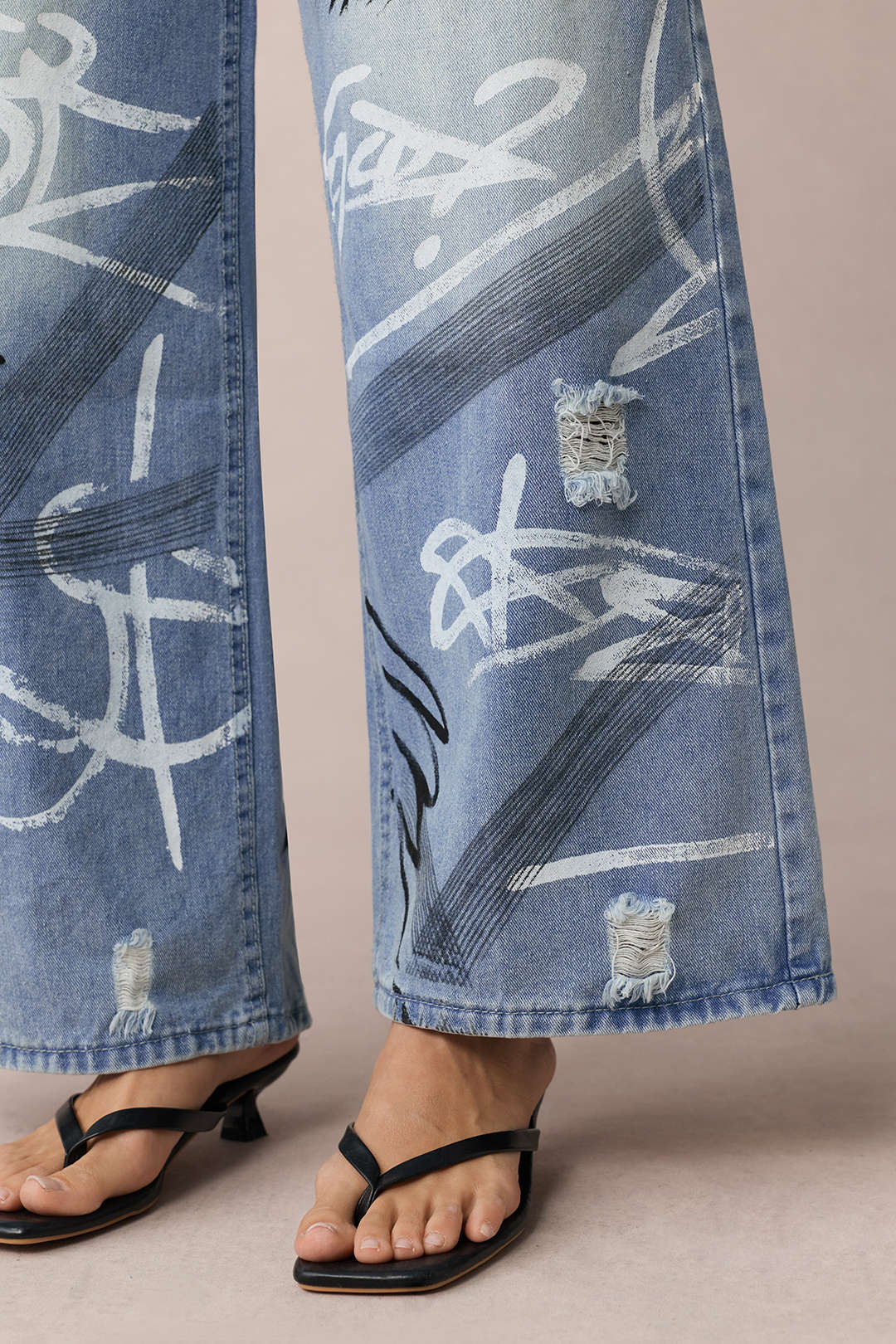 Denim Graffiti Print Zipper Straight Leg Jeans - Image 6