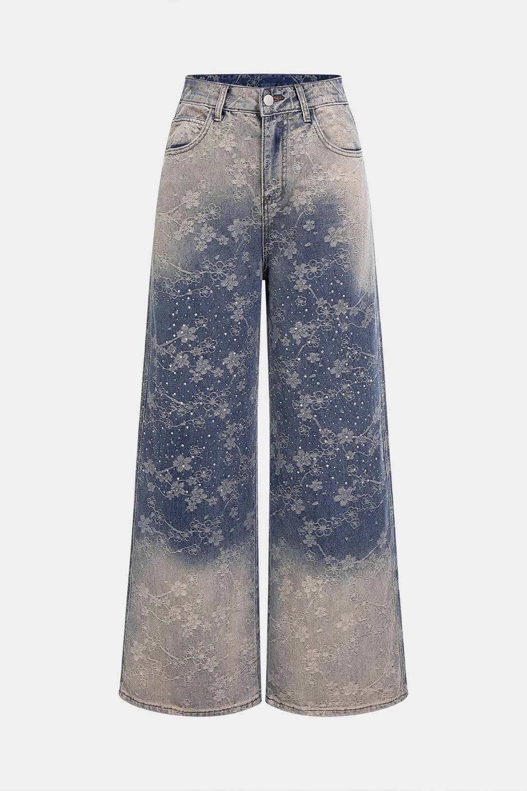 Denim Floral Print Rhinestone Pocket Straight Leg Jeans