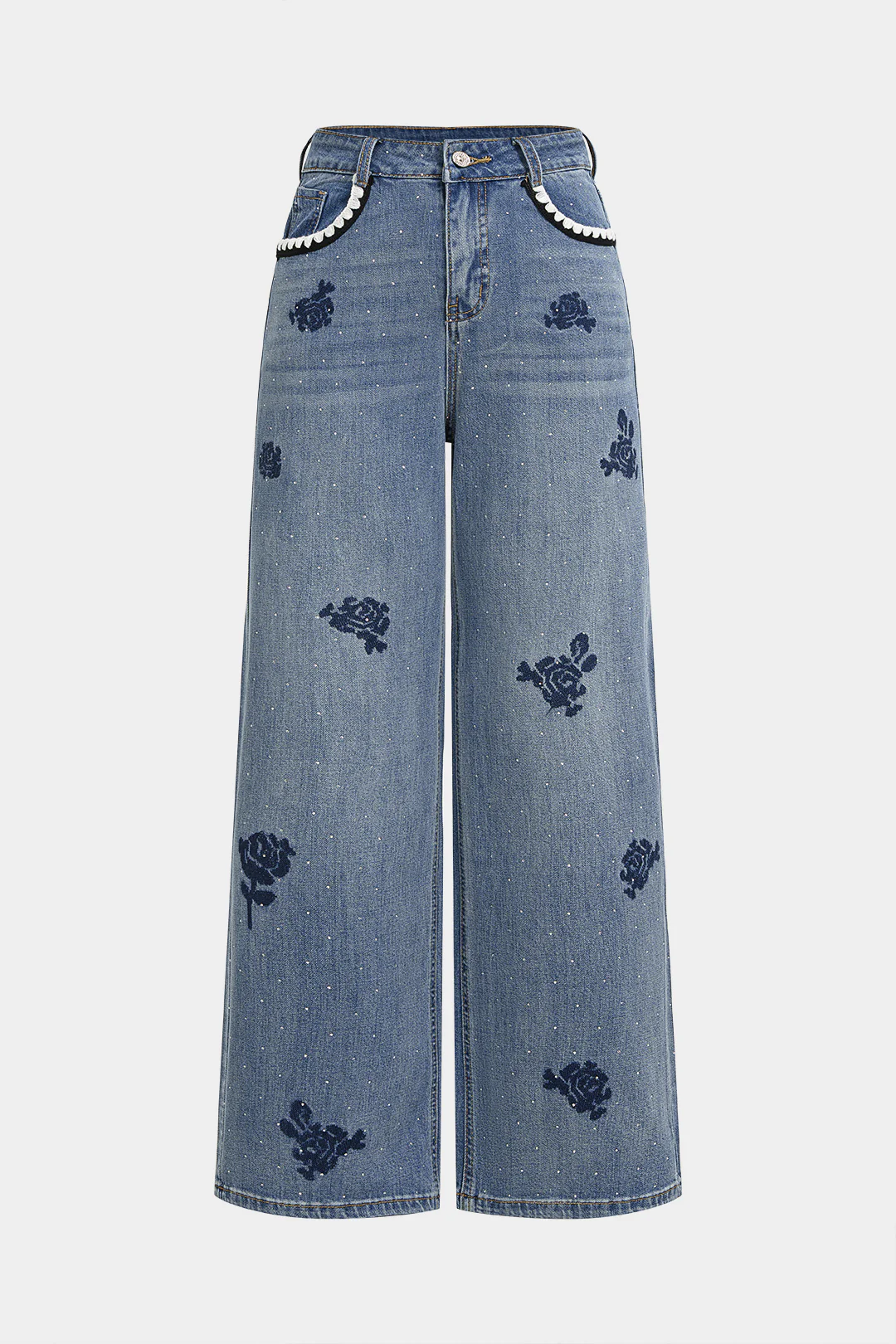 Denim Floral Embroidery High Waist Straight Leg Jeans