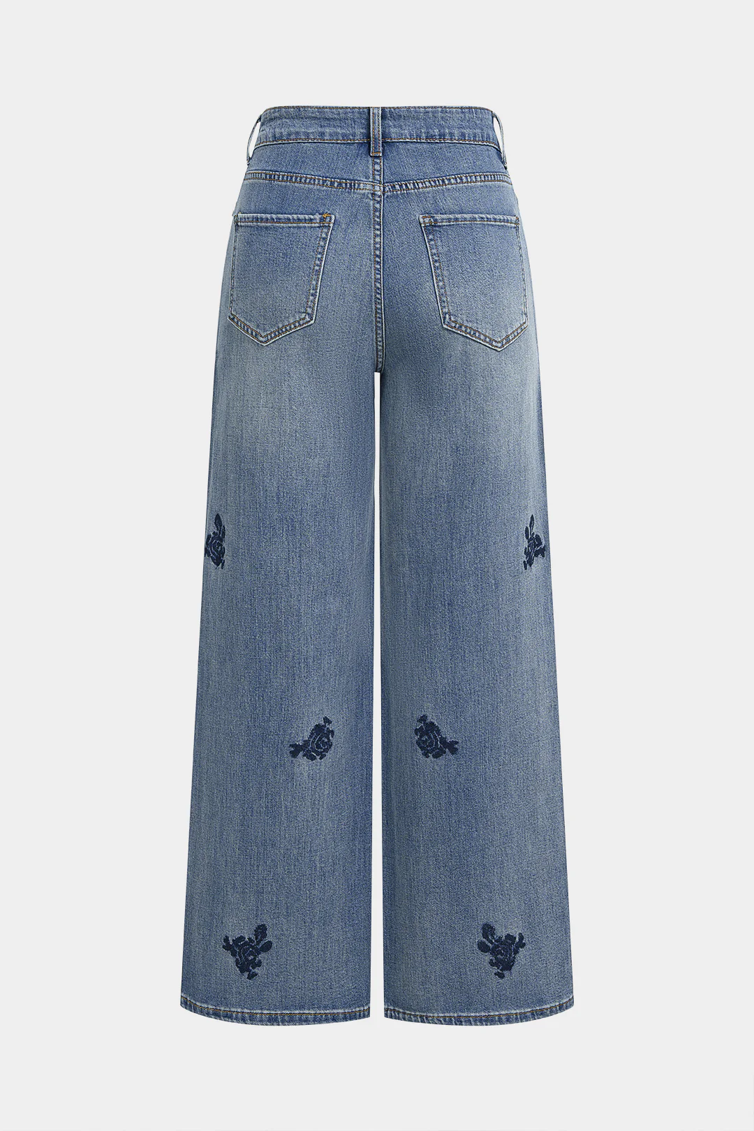 Denim Floral Embroidery High Waist Straight Leg Jeans - Image 2