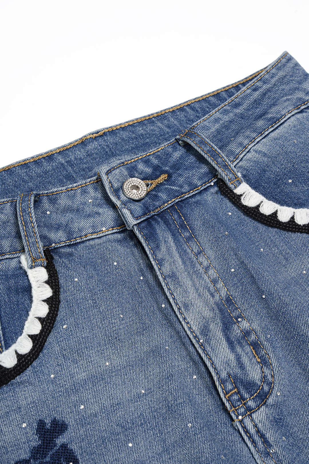 Denim Floral Embroidery High Waist Straight Leg Jeans - Image 3