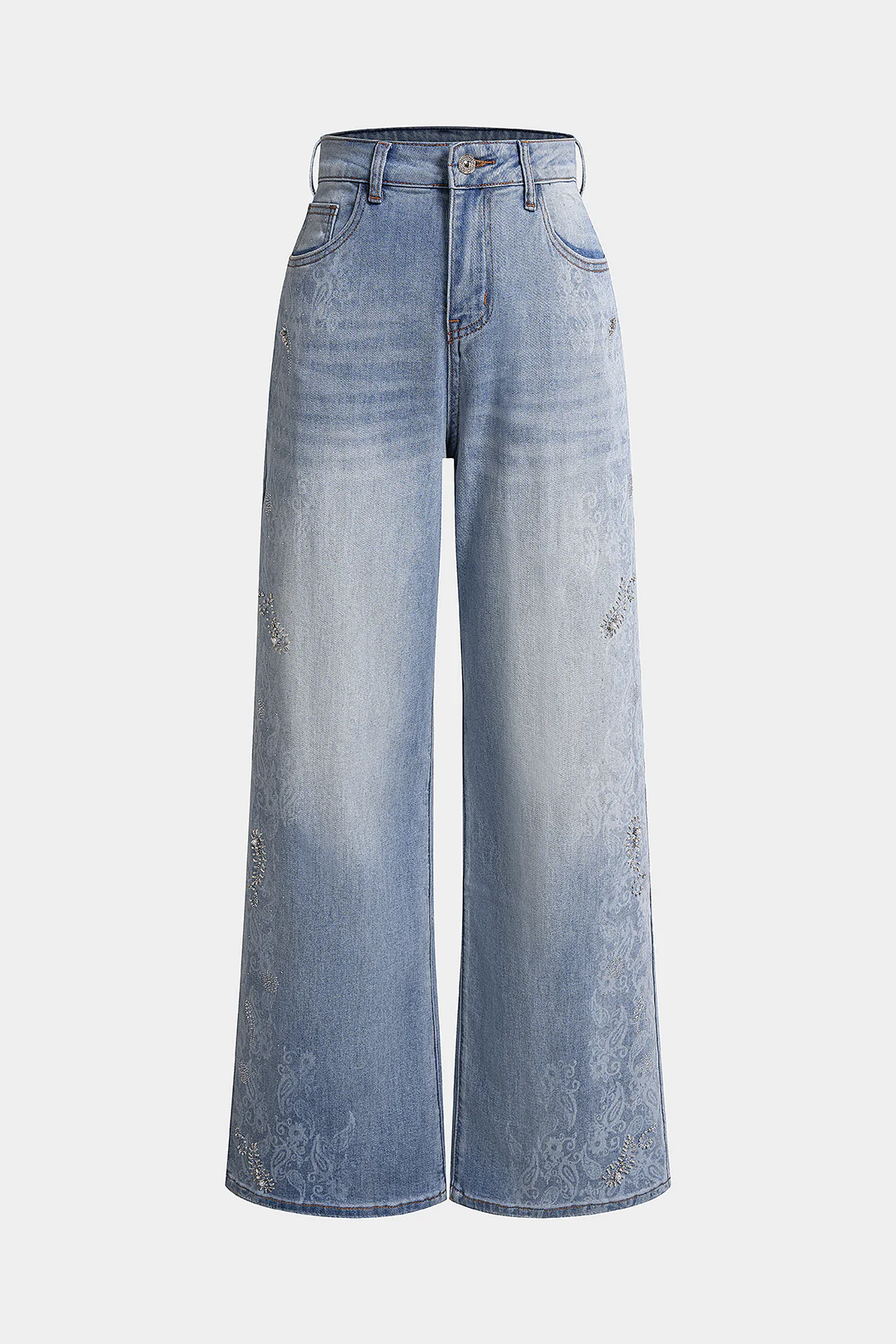 Denim Artistic Print Rhinestone Straight Leg Jeans