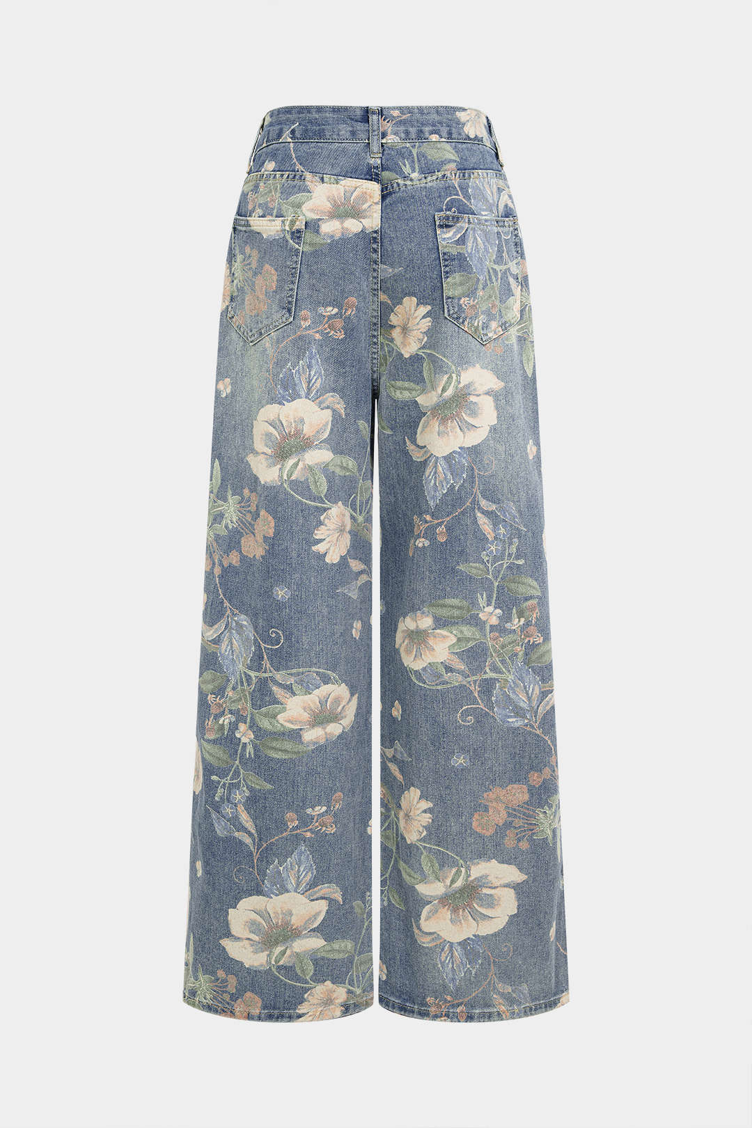 Denim Floral Print High Waist Straight Leg Jeans - Image 2