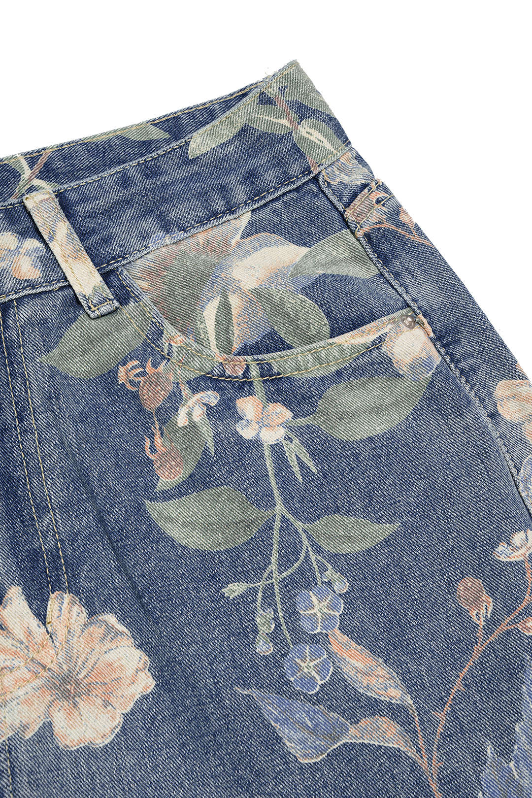 Denim Floral Print High Waist Straight Leg Jeans - Image 3
