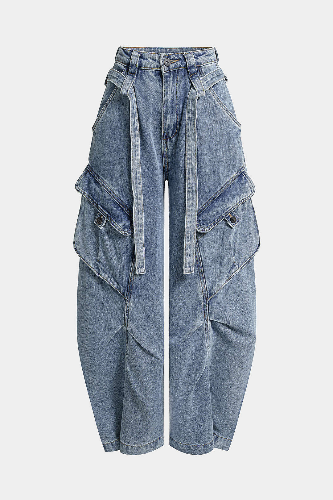 Denim Pocket Belted Wide Leg Jeans - Image 8