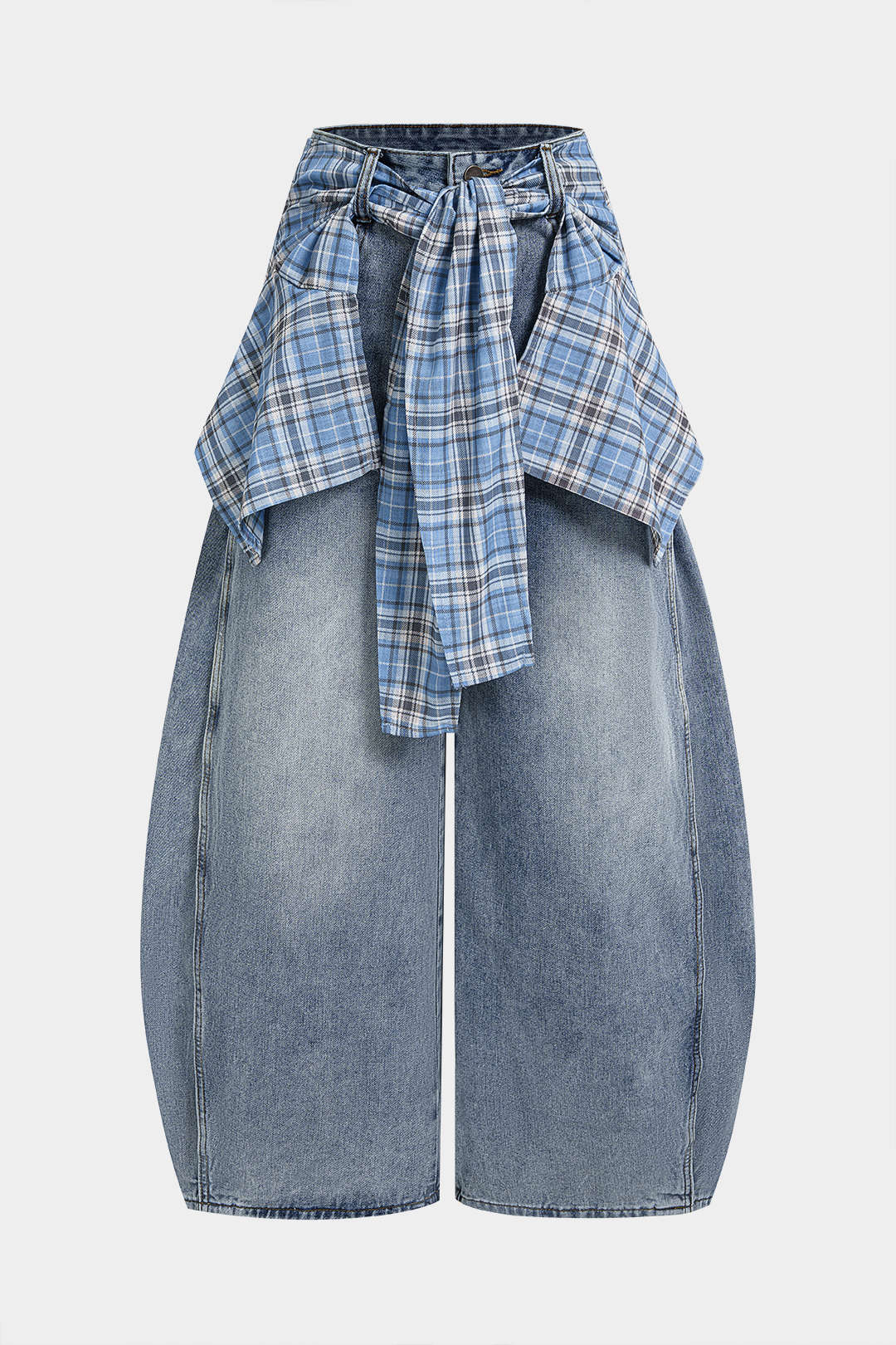 Denim Plaid Print Tie-Up Pocket High Waist Jeans