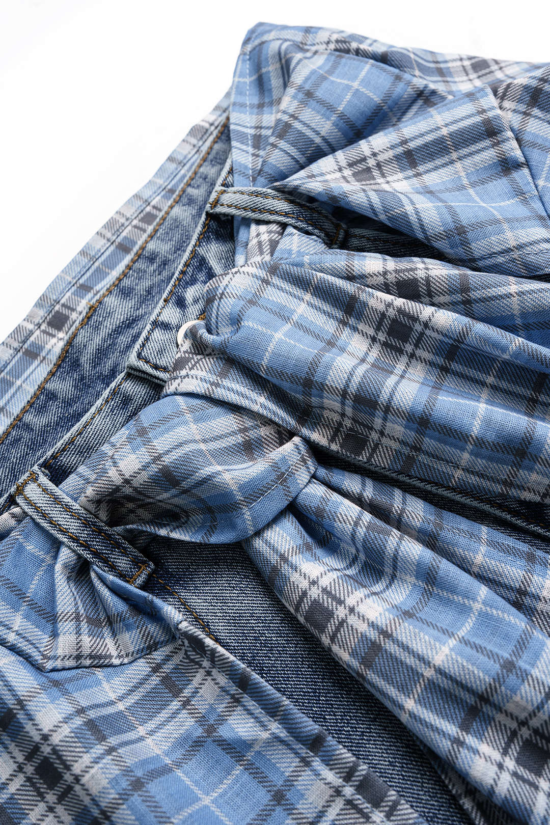 Denim Plaid Print Tie-Up Pocket High Waist Jeans - Image 4