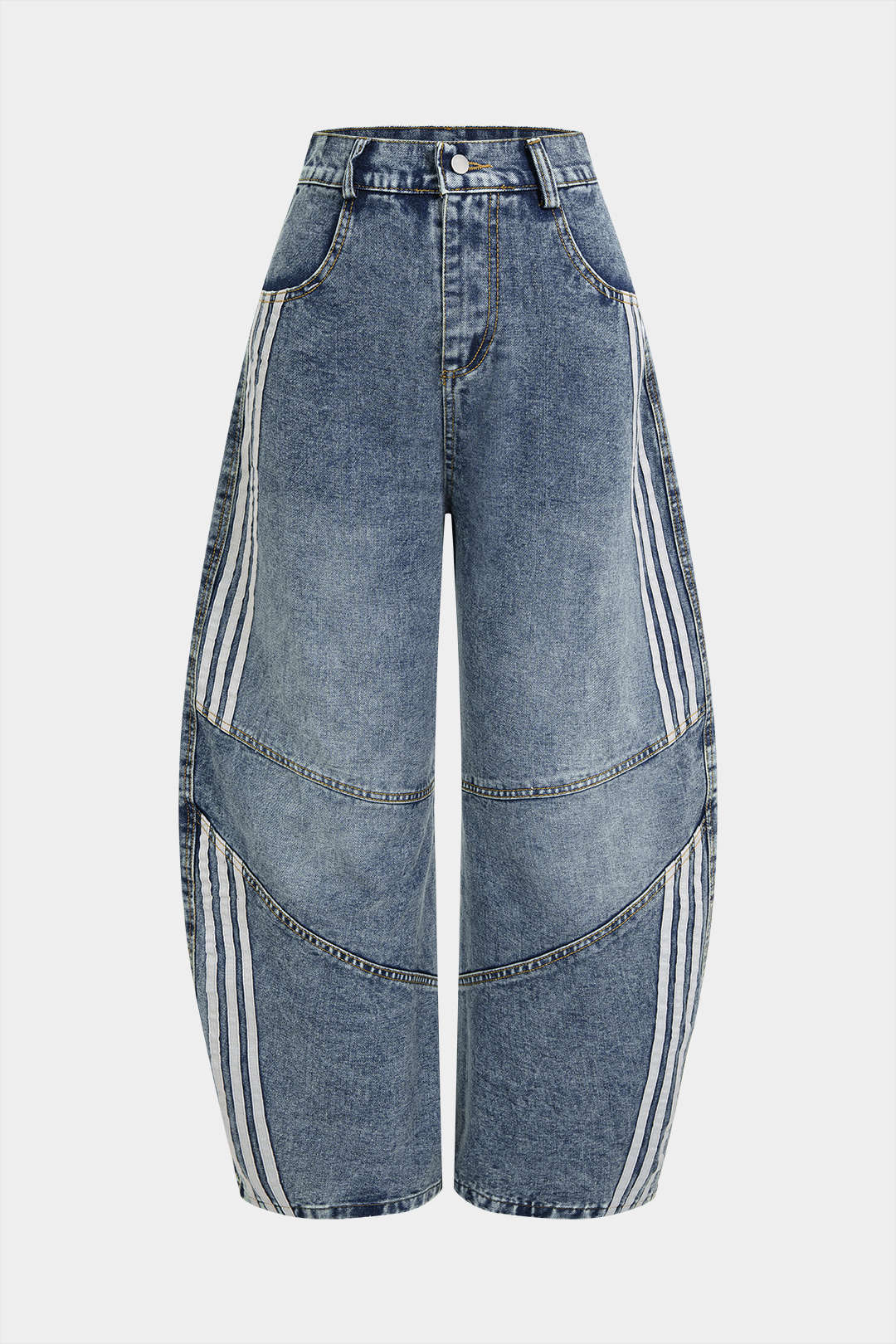 Denim Striped Pocket Wide Leg Jeans