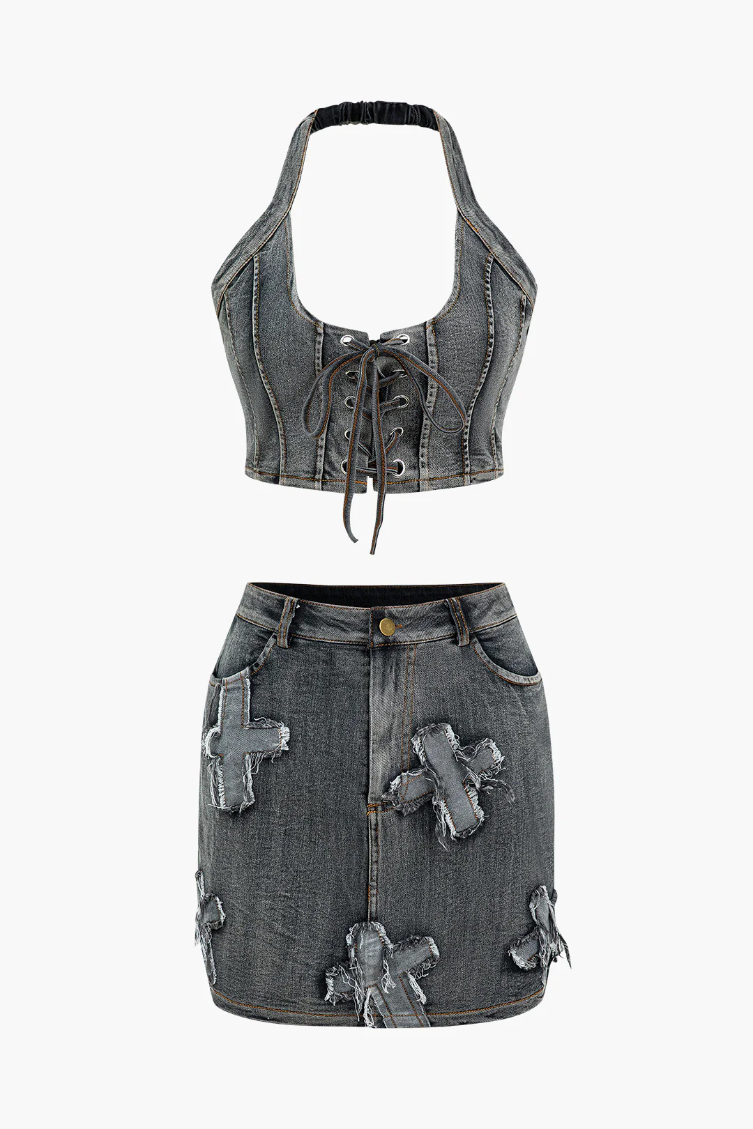 Denim Tie Up Halter And Mini Skirt Set - Image 8
