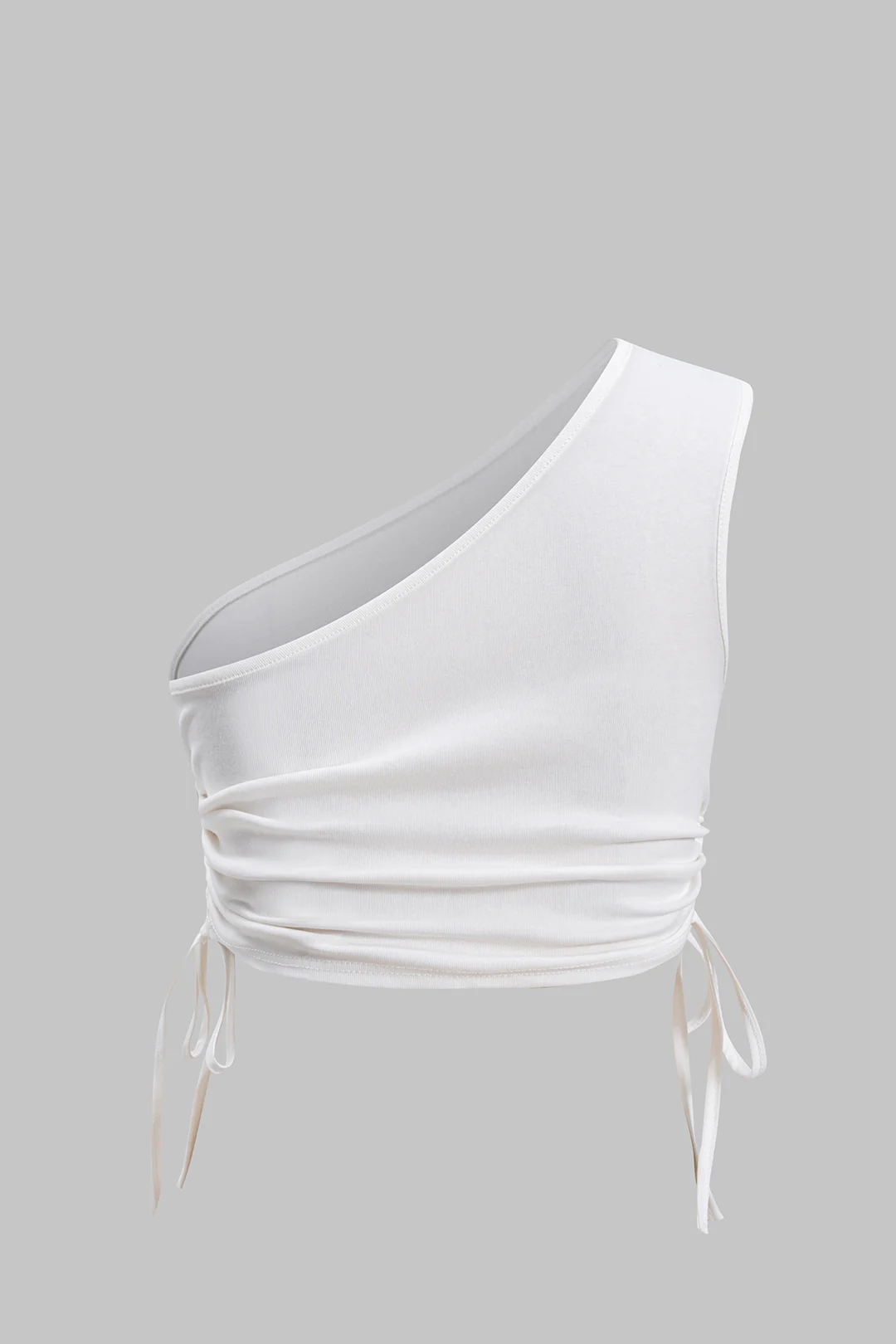Ruched One Shoulder Asymmetrical Drawstring Top And Denim Washed Button Pocket Slit Skirt Set - Image 3