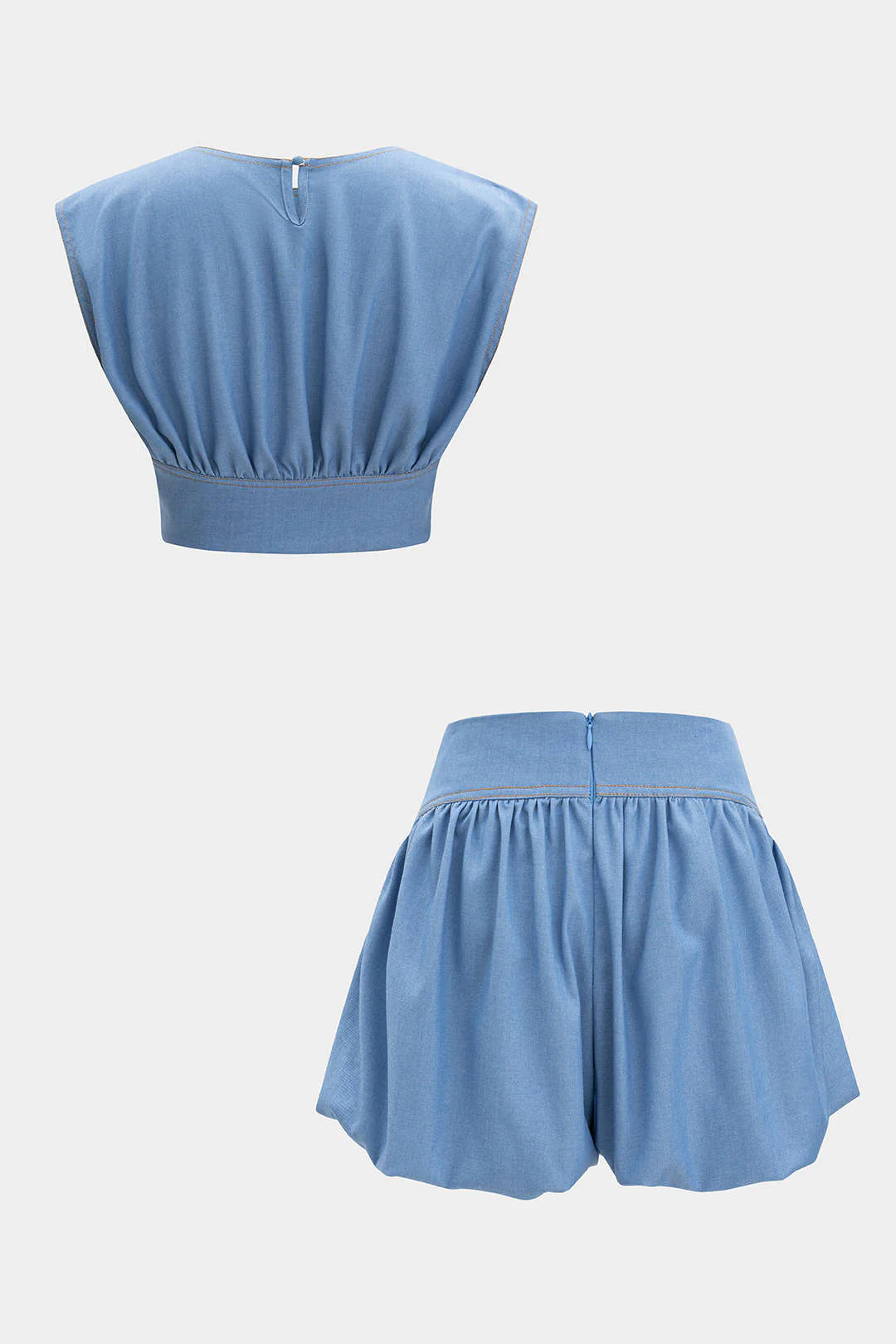 Denim Ruched Tank Top And Zipper Detail Shorts Set - Image 2