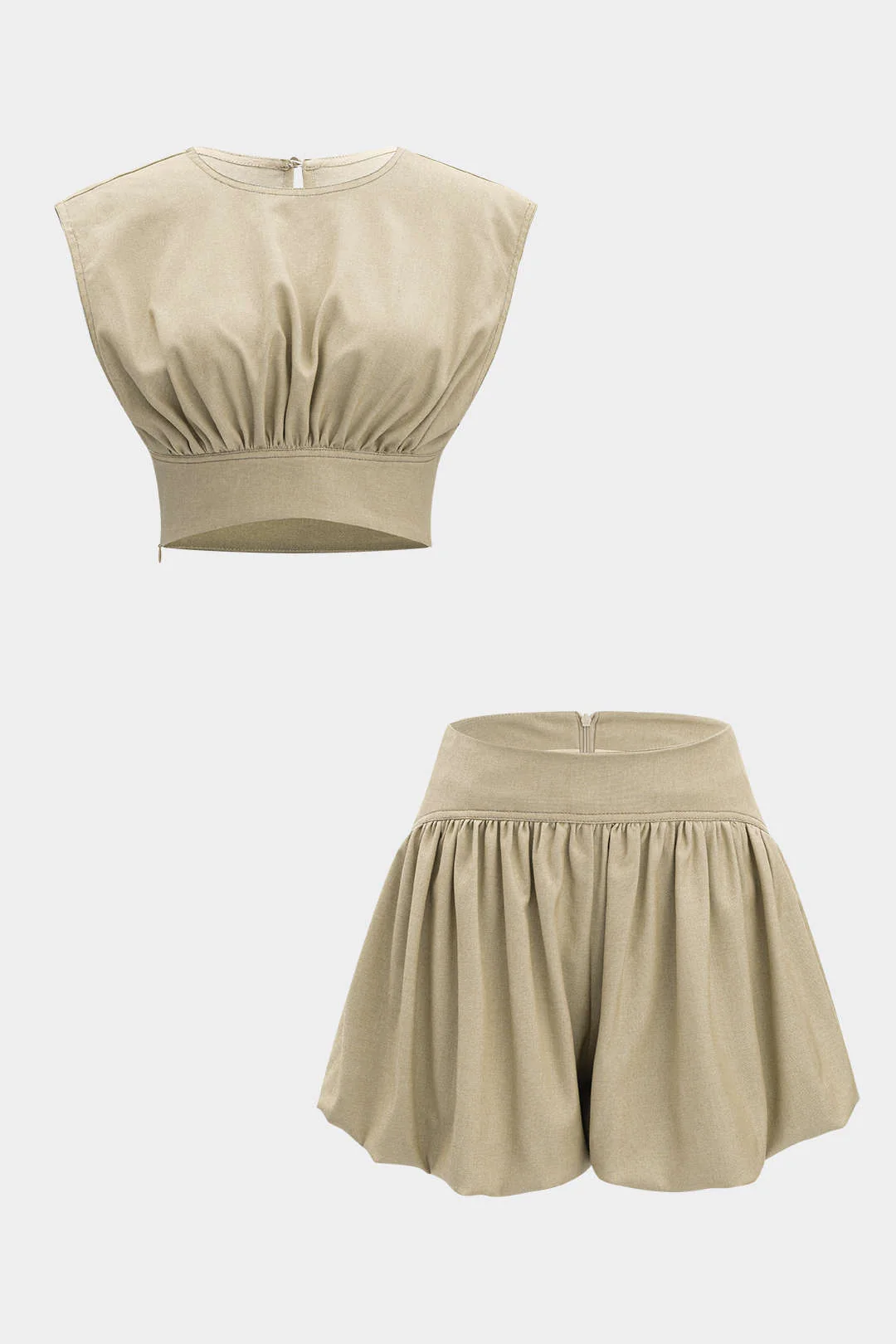Denim Ruched Tank Top And Zipper Detail Shorts Set - Image 9