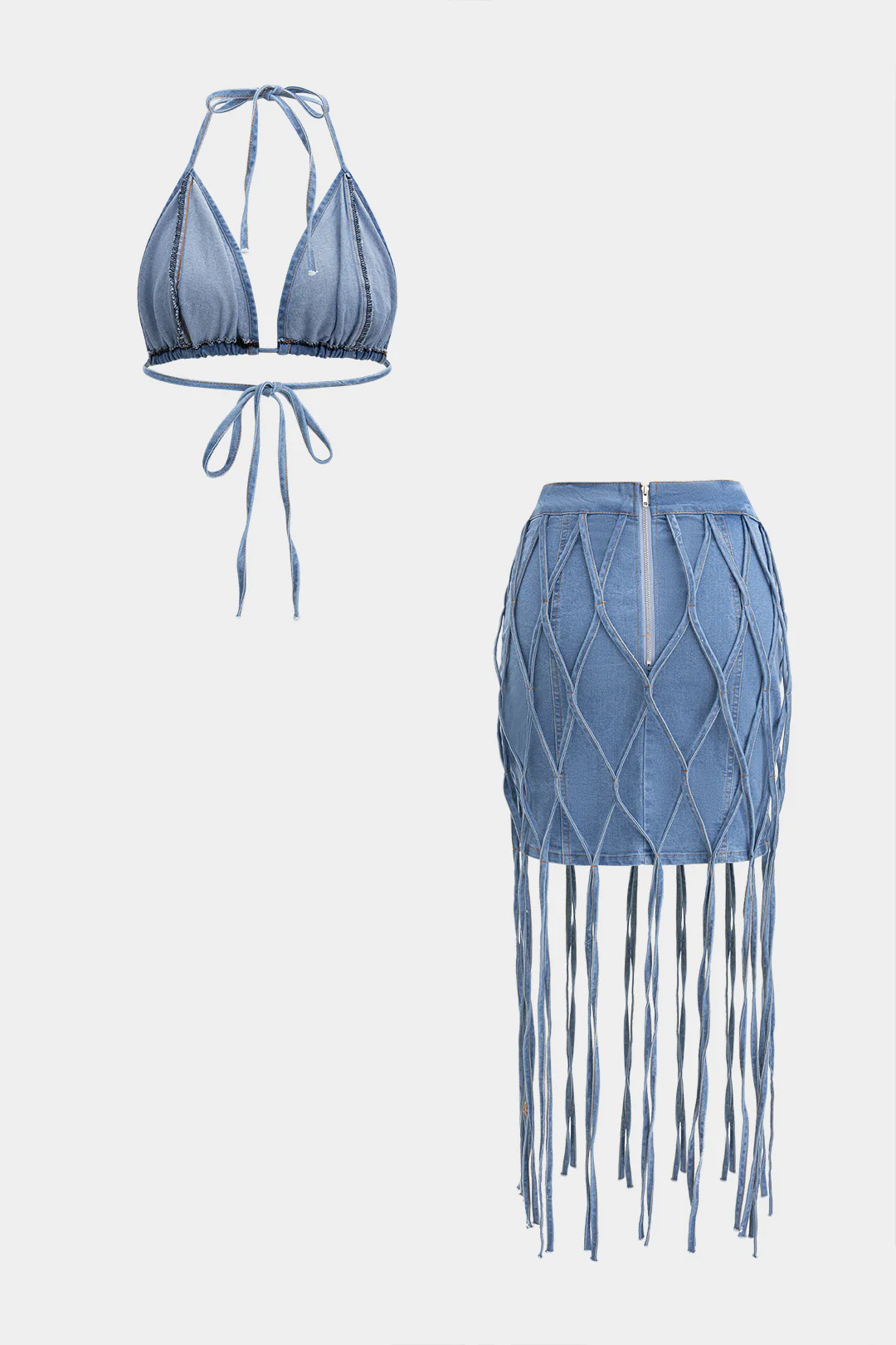Denim Bra Top And Tie-Up Skirt Set - Image 2