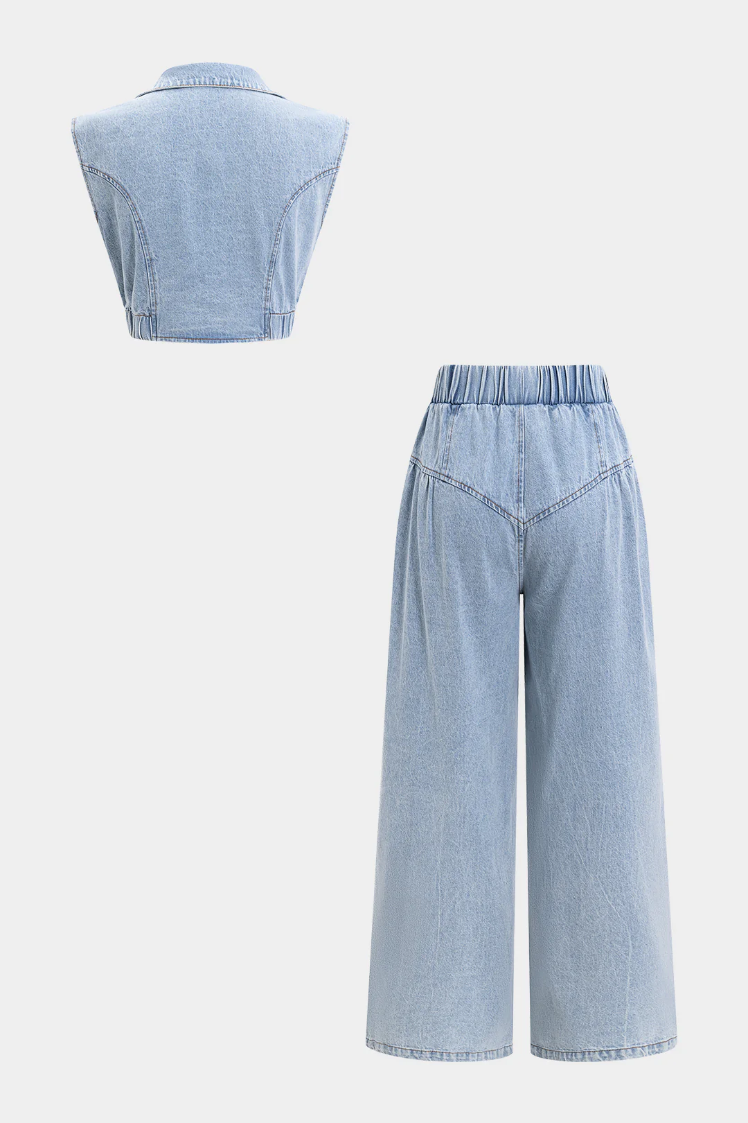 Denim V-Neck Zipper Tank Top And Jeans Set - Image 2