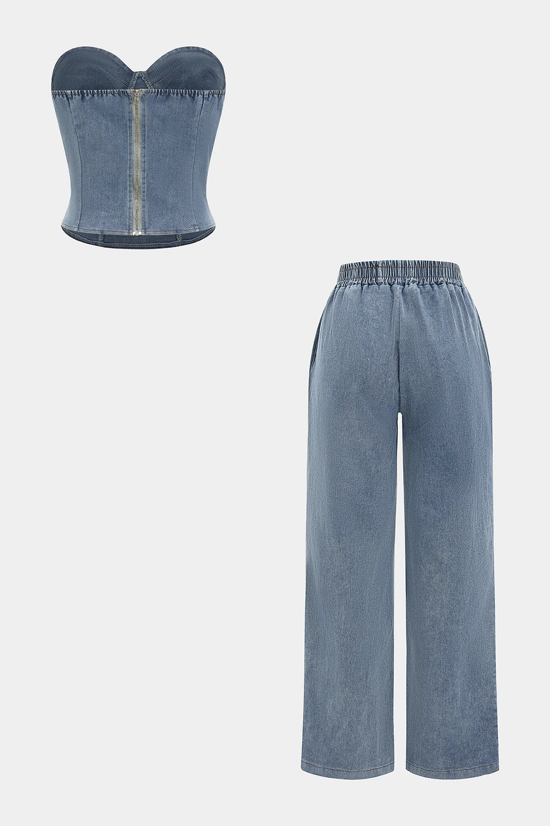 Denim Zipper Tube Top And Jeans Set - Image 2