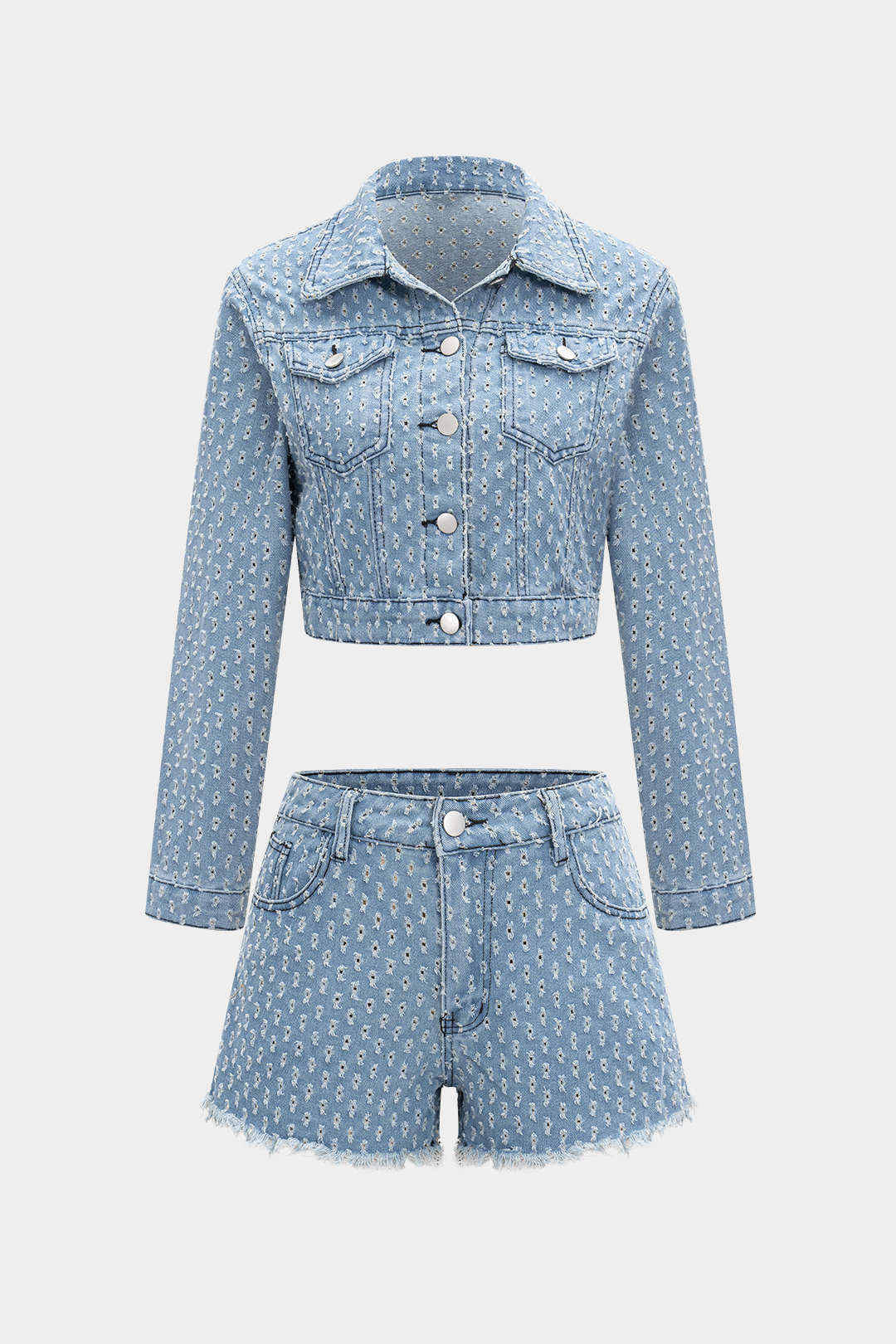 Denim Hollow Out Outerwear And Ripped Shorts Set