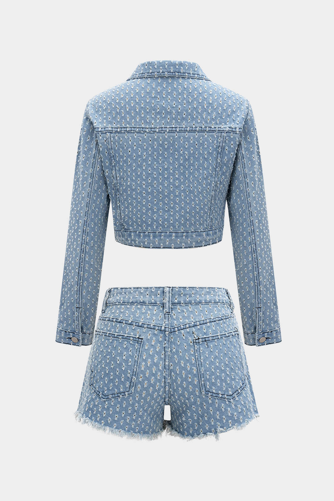 Denim Hollow Out Outerwear And Ripped Shorts Set - Image 2