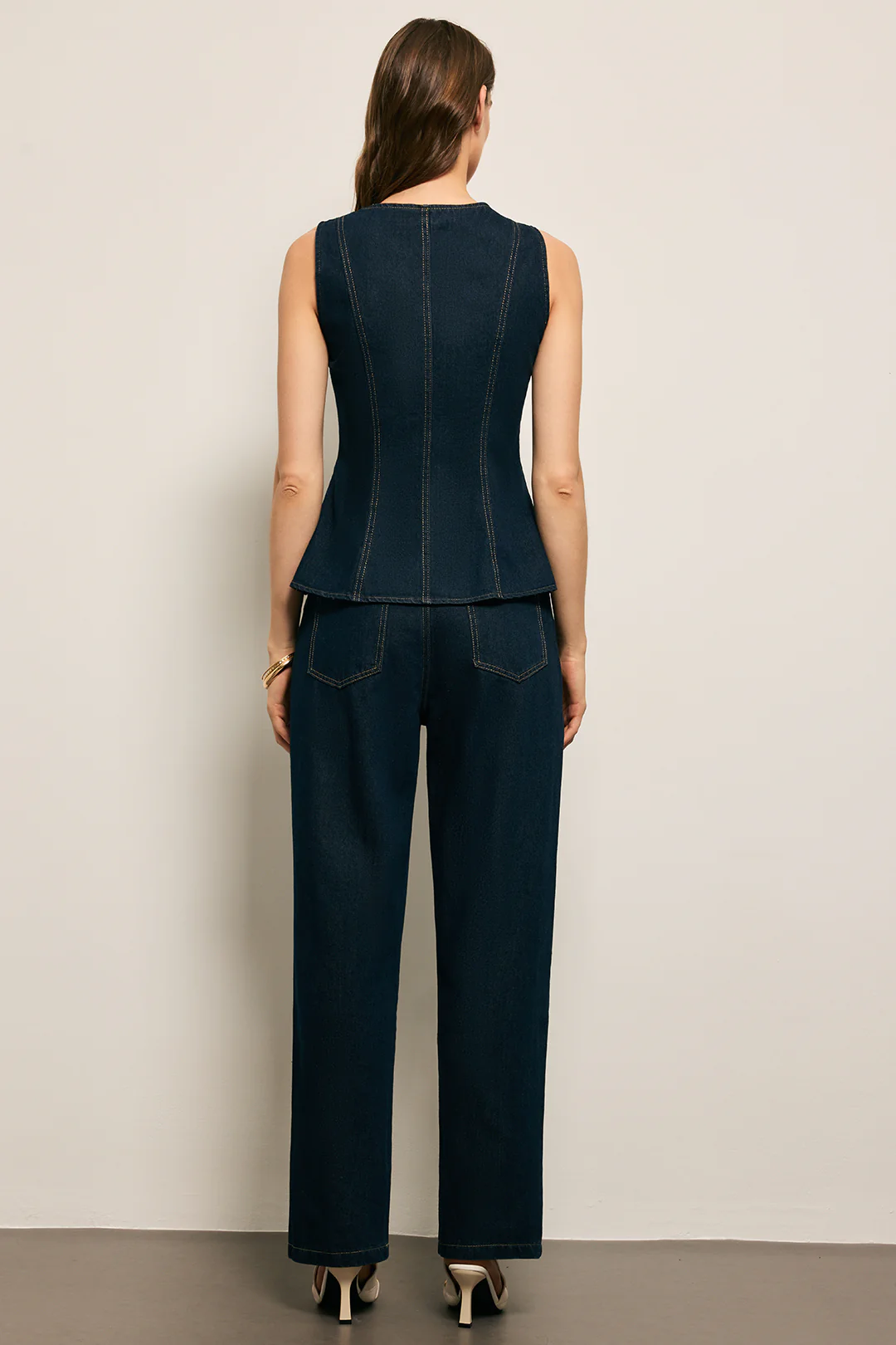 Denim Metallic Button Tank Top And Straight Leg Jeans Set - Image 2