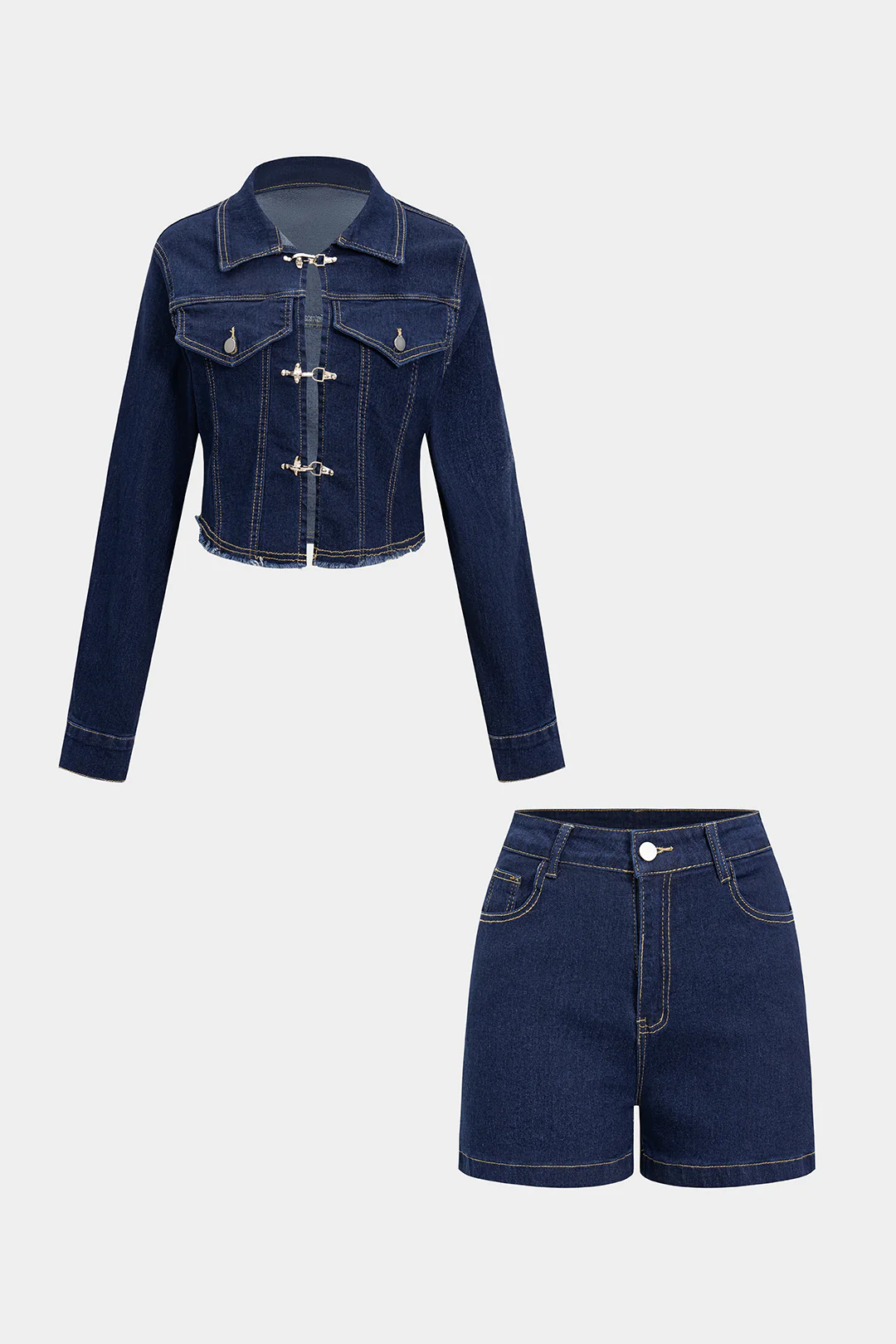 Denim Metallic Buckle Frayed Outerwear And Shorts Suit