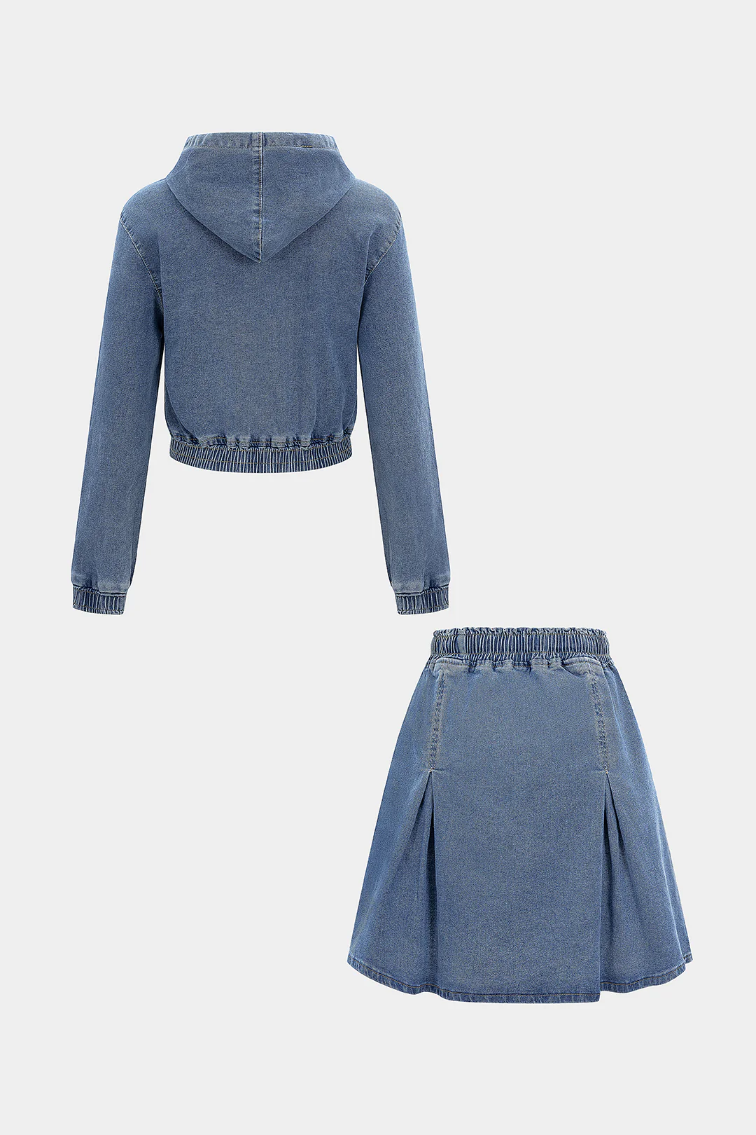 Denim Shirred Drawstring Long-Sleeve Top And Ruched High Waist Mini Skirt Set - Image 2