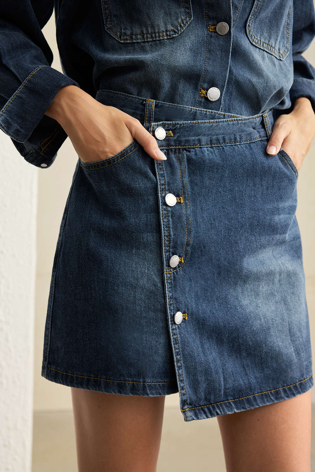 Denim Button Long-Sleeve Top And High Waist Mini Skirt Set - Image 10