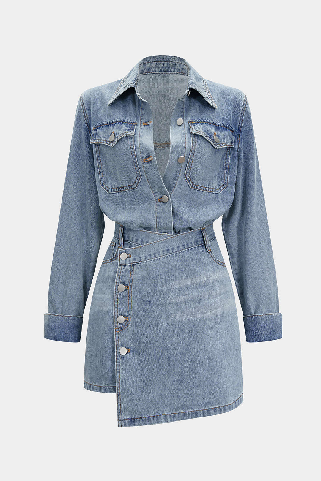 Denim Button Long-Sleeve Top And High Waist Mini Skirt Set - Image 12