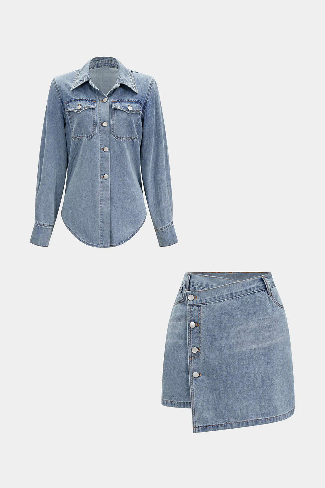 Denim Button Long-Sleeve Top And High Waist Mini Skirt Set - Image 13